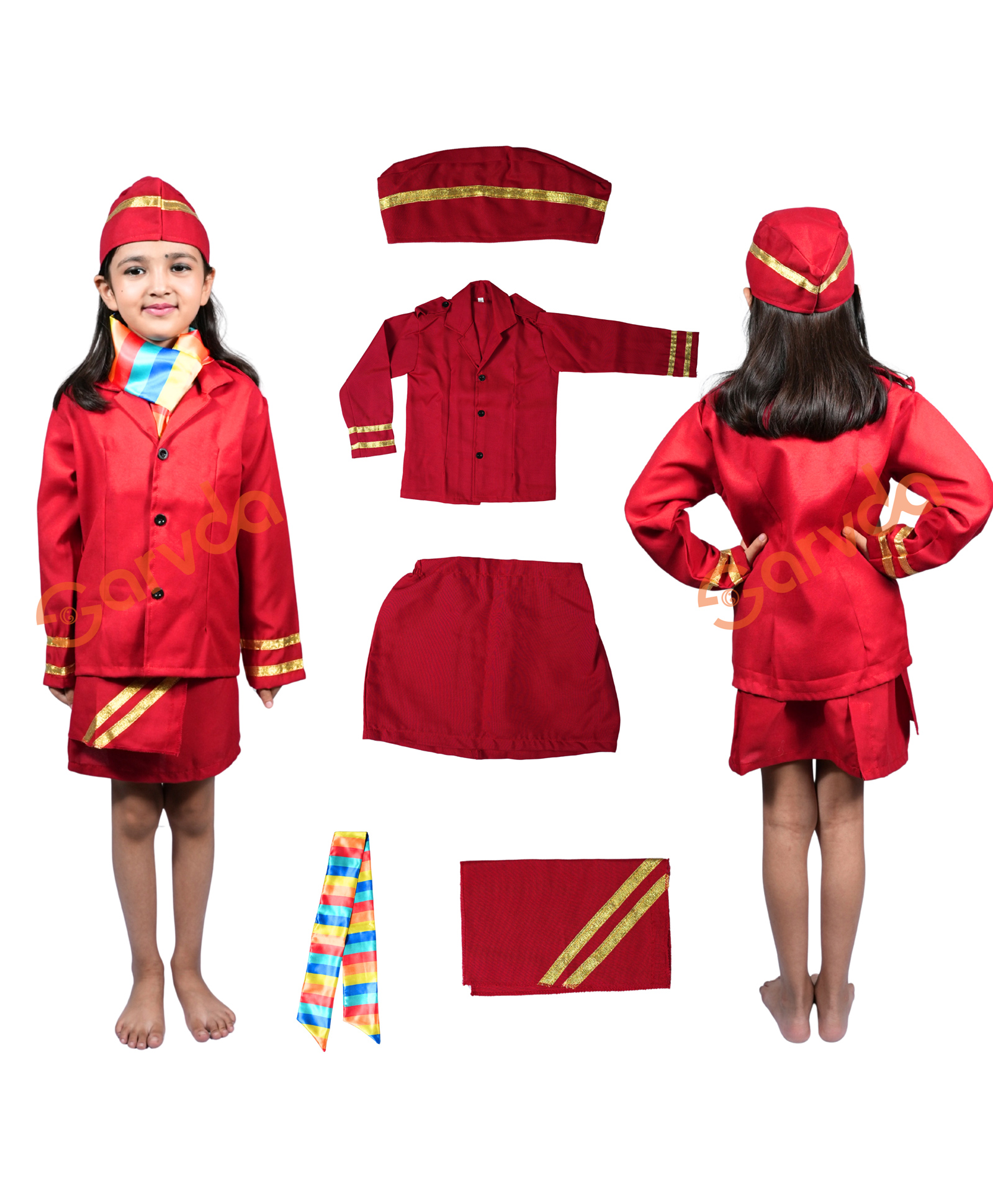 Sarvda Woven Full Sleeves Air Hostess Costume Set With Scarf & Cap - Red-picture-13