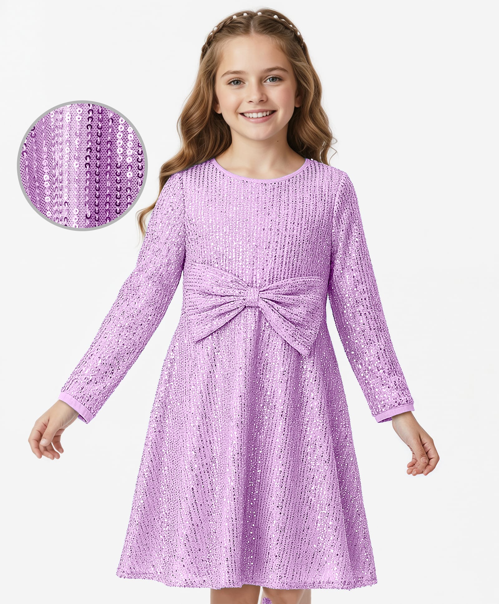 Hola Bonita Woven Three Fourth Sleeves Party Dress With Sequin Detailing & Bow Applique - Lilac-image-32