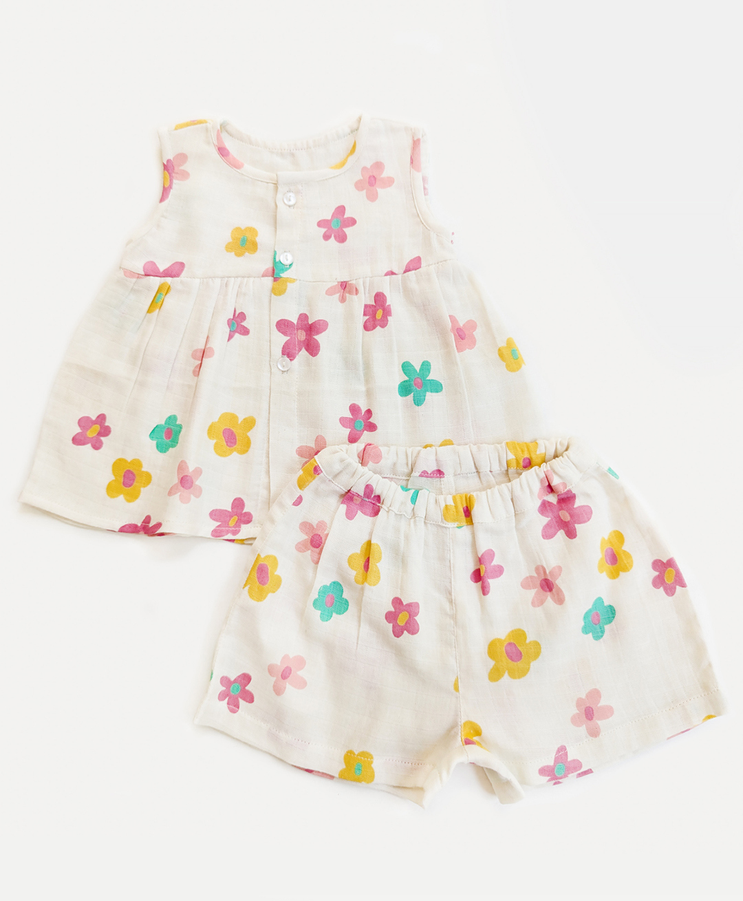 Halemons Pure Muslin Woven Sleeveless Floral Printed Top With Coordinating Shorts Set - Multi Colour-image-20