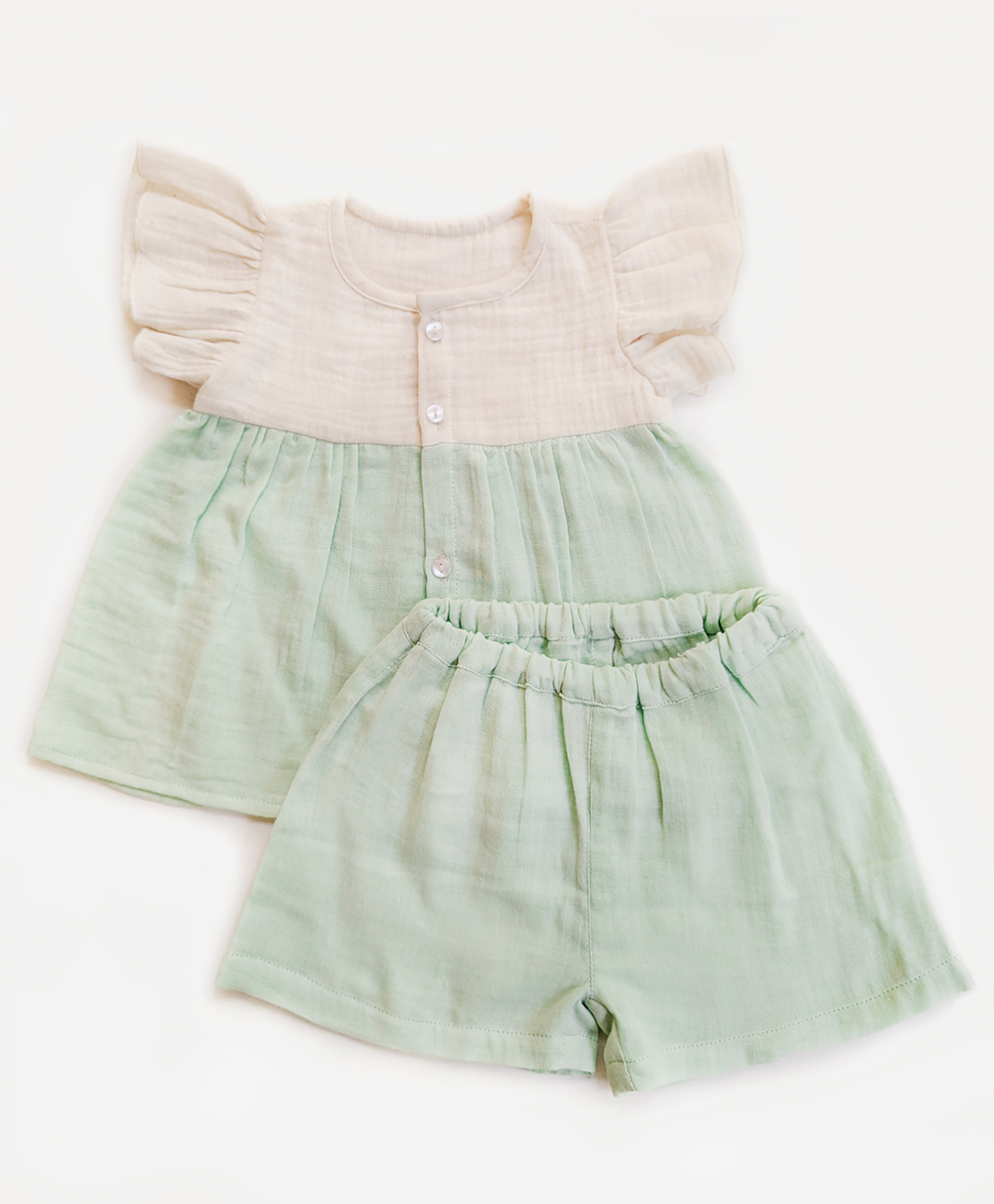Halemons Pure Muslin Woven Frill Sleeves Colour Blocked Top With Shorts Set - Mint-image-20