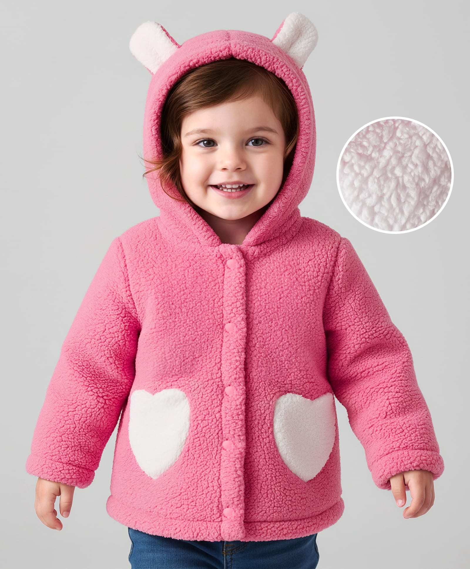 Mark & Mia Knit Full Sleeves Sherpa Fabric Hooded Sweatjacket with Pocket & Ear Detailing - Pink-picture-26