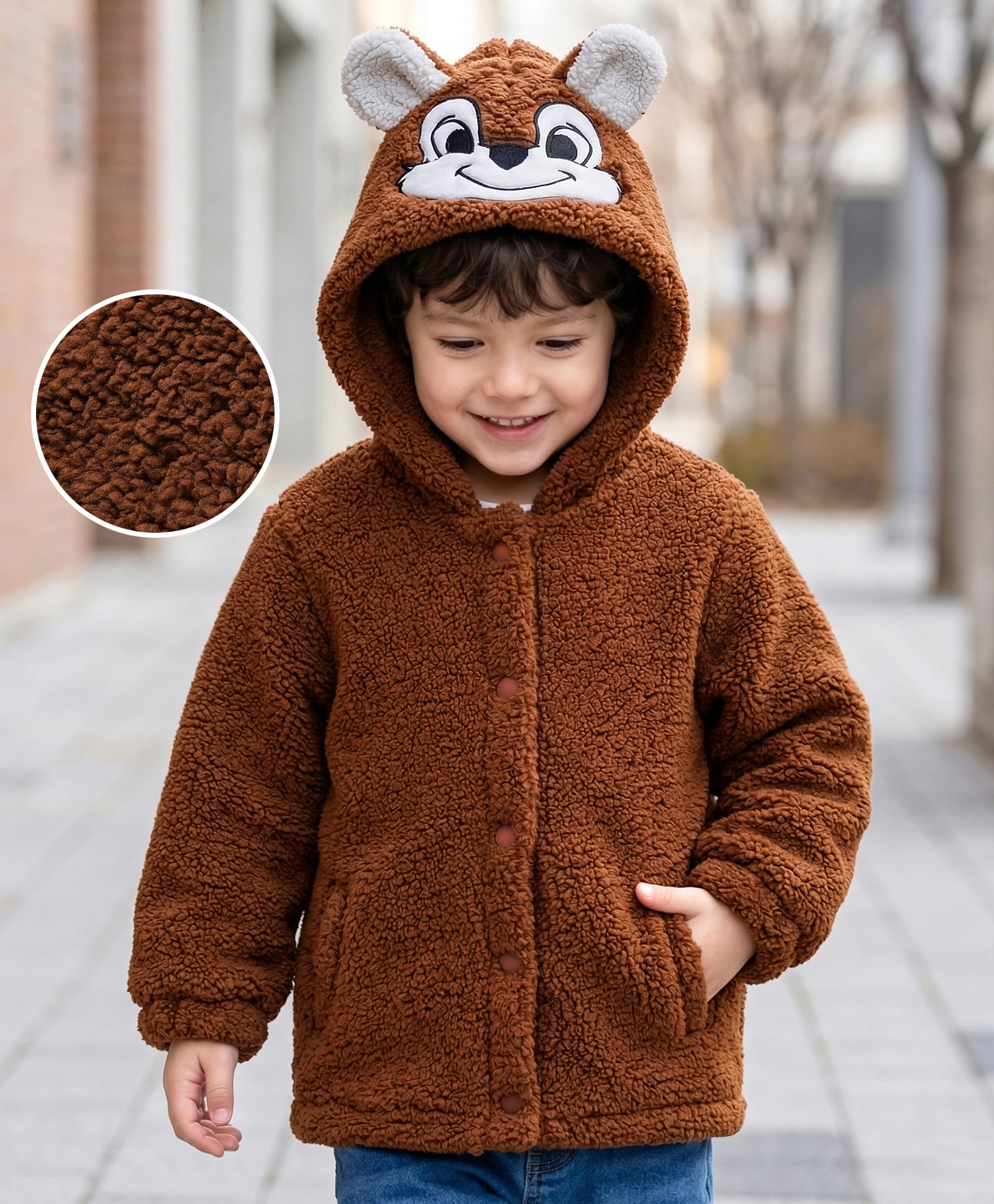 Mark & Mia Knit Full Sleeves Sherpa Fabric Hooded Sweatjacket with Pocket & Ear Applique Detailing - Brown-picture-16