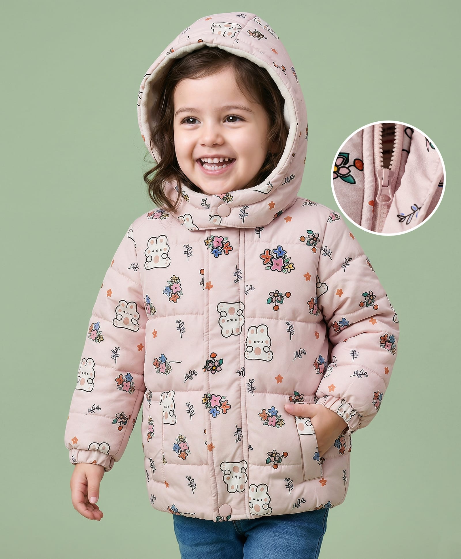 Mark & Mia Woven Full Sleeves Hooded Padded Jacket With Floral & Bunny Print & Pockets - White-picture-28