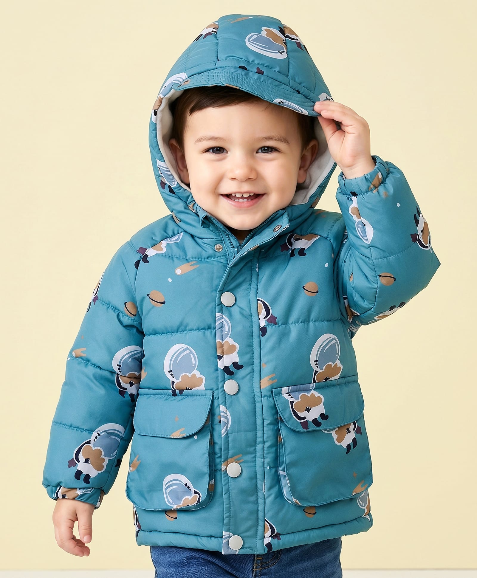 Mark & Mia Woven Full Raglan Sleeves Hooded Padded Jacket With Astronaut Print & Pocket Detailing - Blue-picture-14