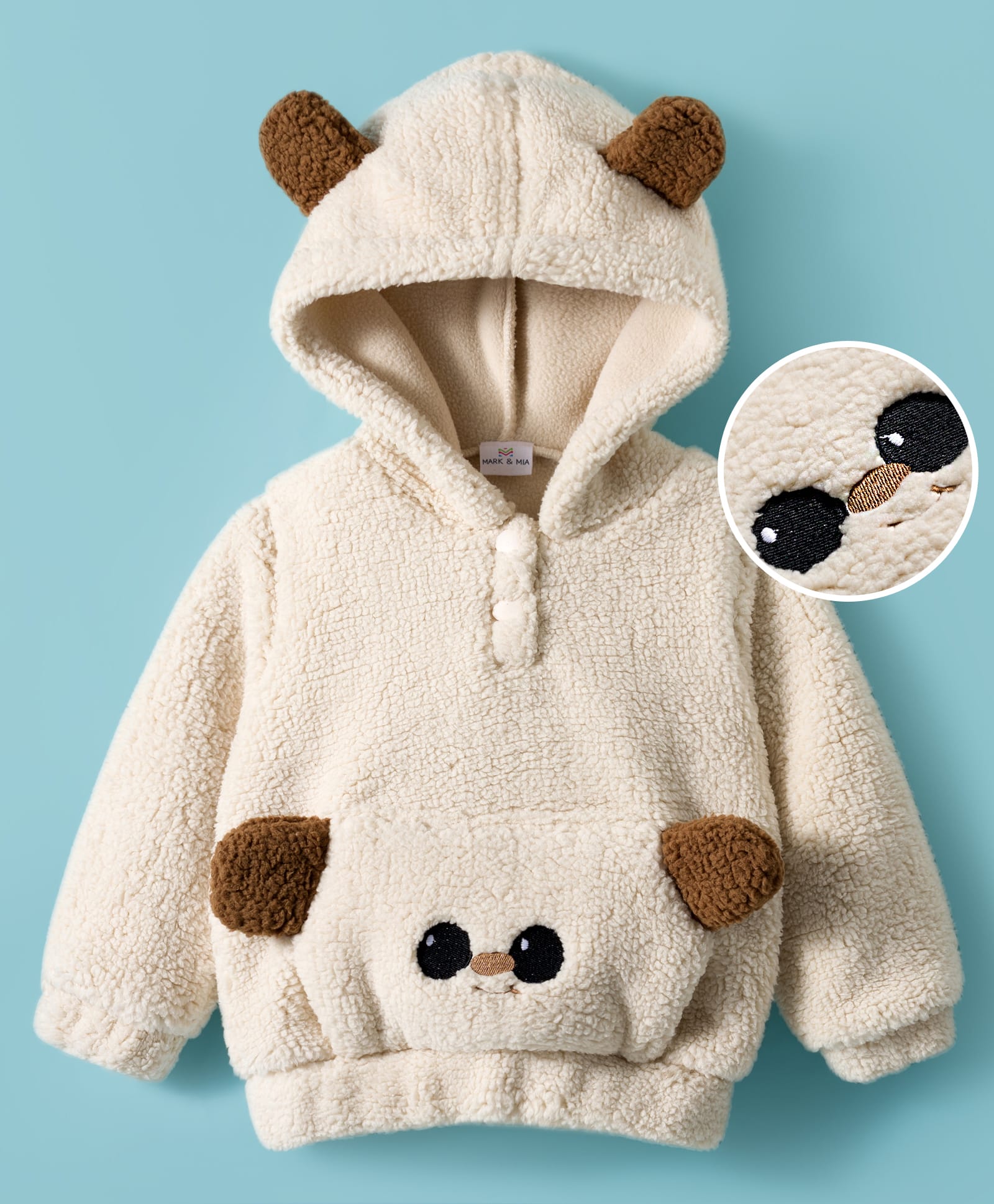 Mark & Mia Knit Full Sleeves Hooded Fur Sweatshirt with Kangaroo Pocket & Ear Applique - Beige-picture-18