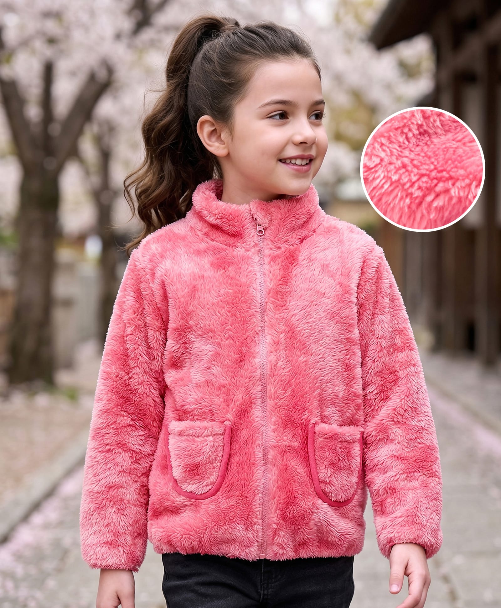 Mark & Mia Knit Full Sleeves Fur Fabric Solid Sweatjacket With Pocket Detailing - Pink-image-4