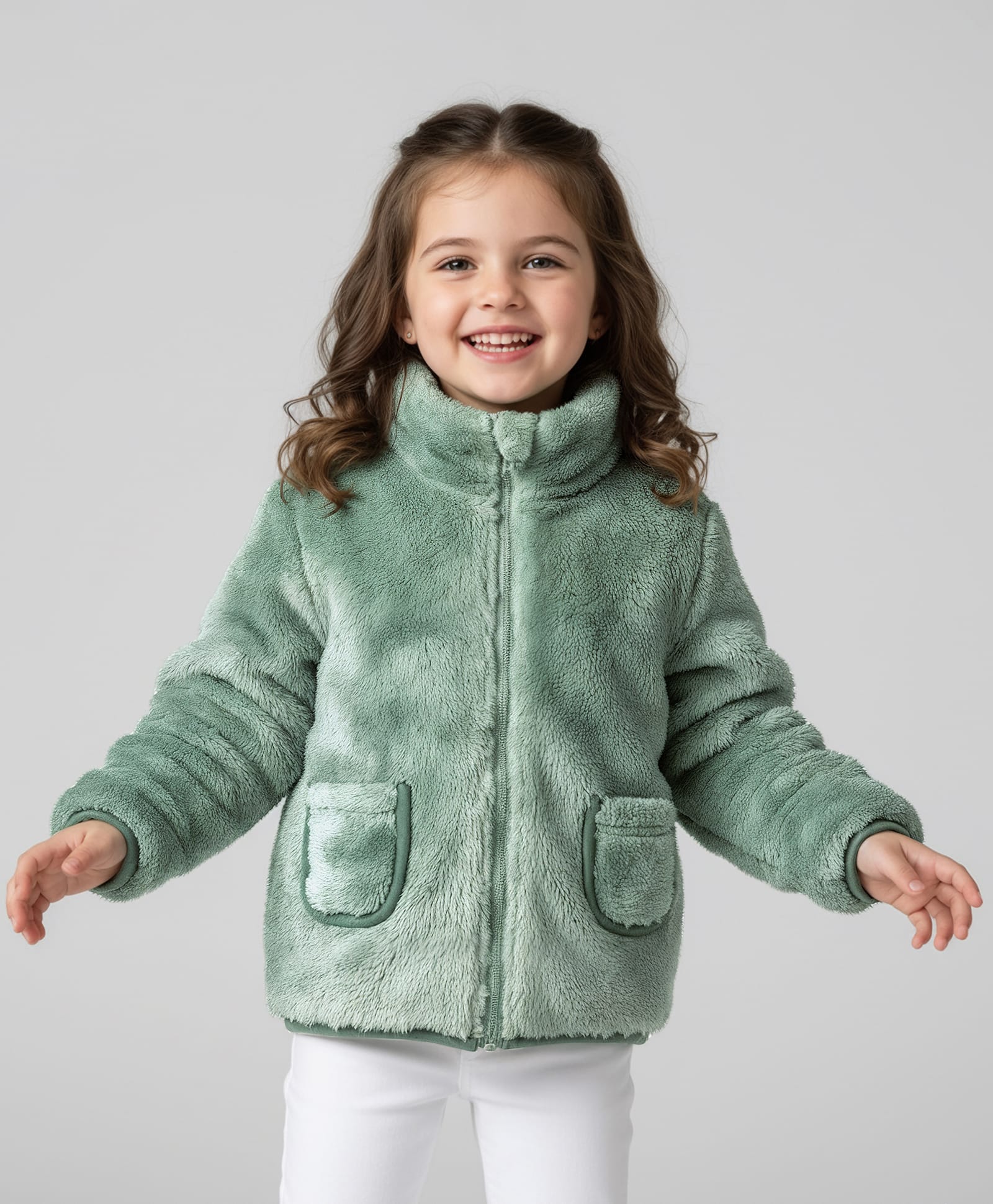 Mark & Mia Knit Full Sleeves Solid Color Fur SweatJacket with Pocket Detailing - Green-picture-16