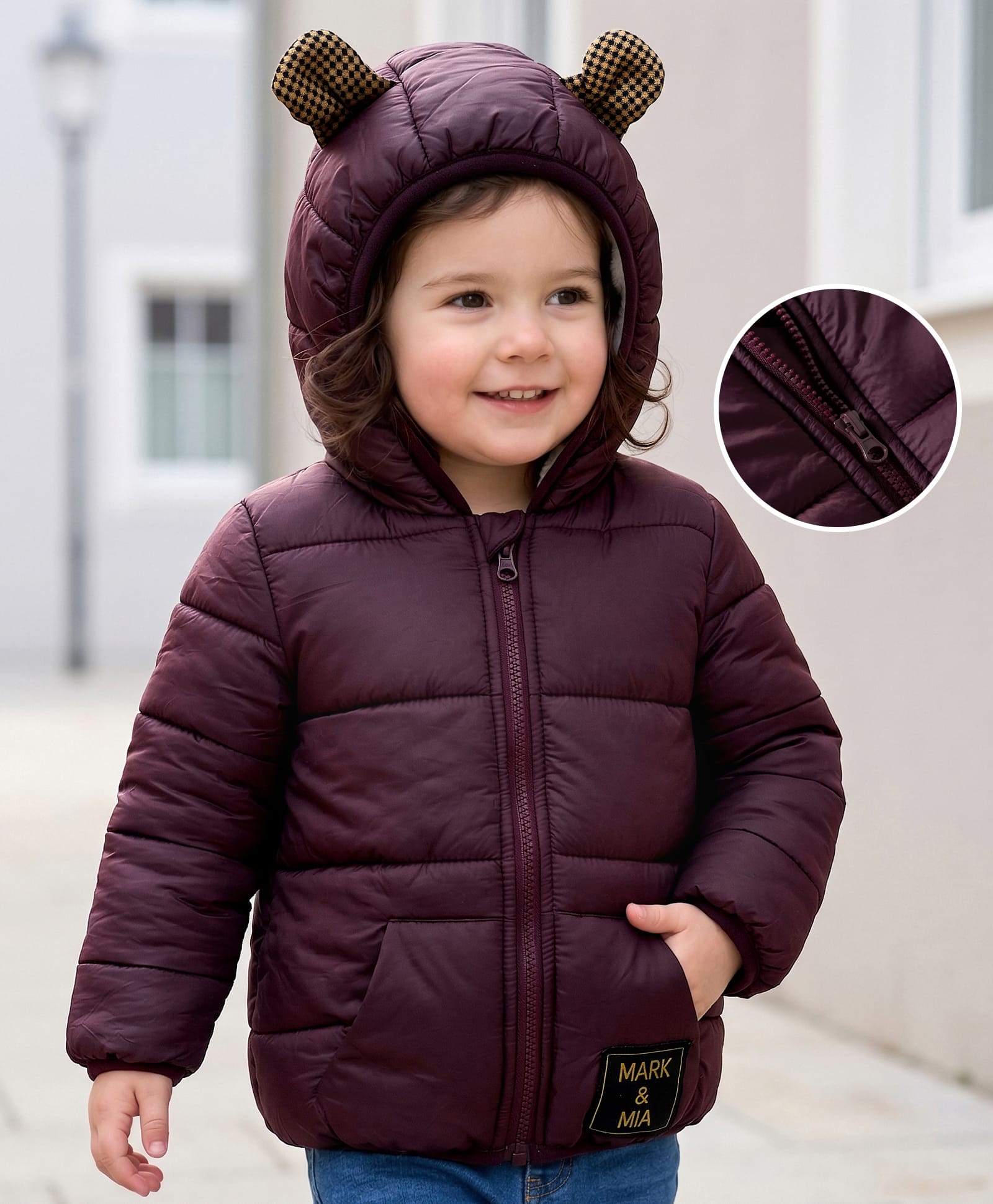 Mark & Mia Woven Full Sleeves Solid Hooded Padded Jacket With Kangaroo Pockets - Maroon-picture-21