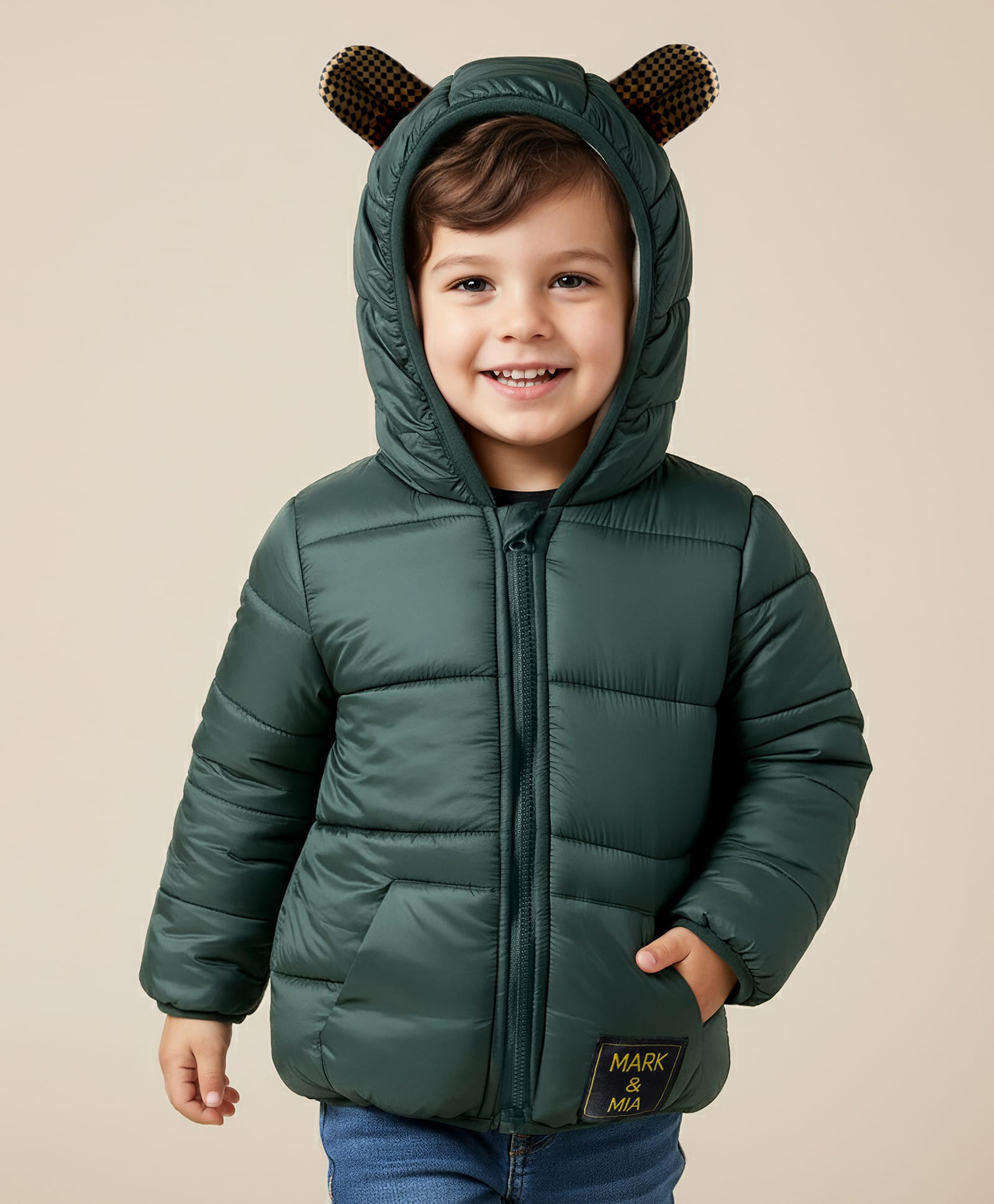 Mark & Mia Woven Full Sleeves Solid Hooded Padded Jacket With Kangaroo Pockets - Green-picture-25