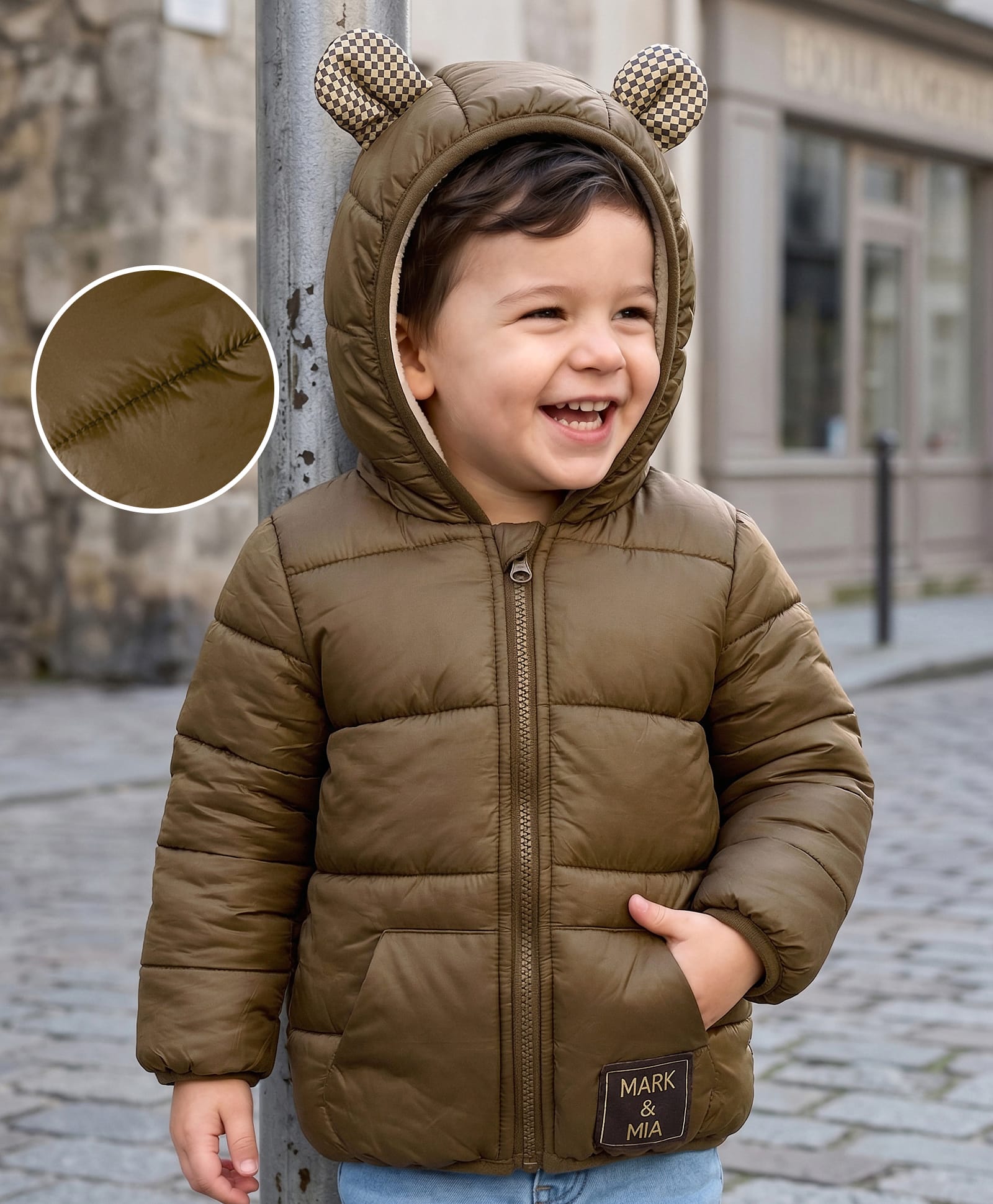 Mark & Mia Woven Full Sleeves Solid Hooded Padded Jacket With Kangaroo Pockets - Light Brown-picture-36
