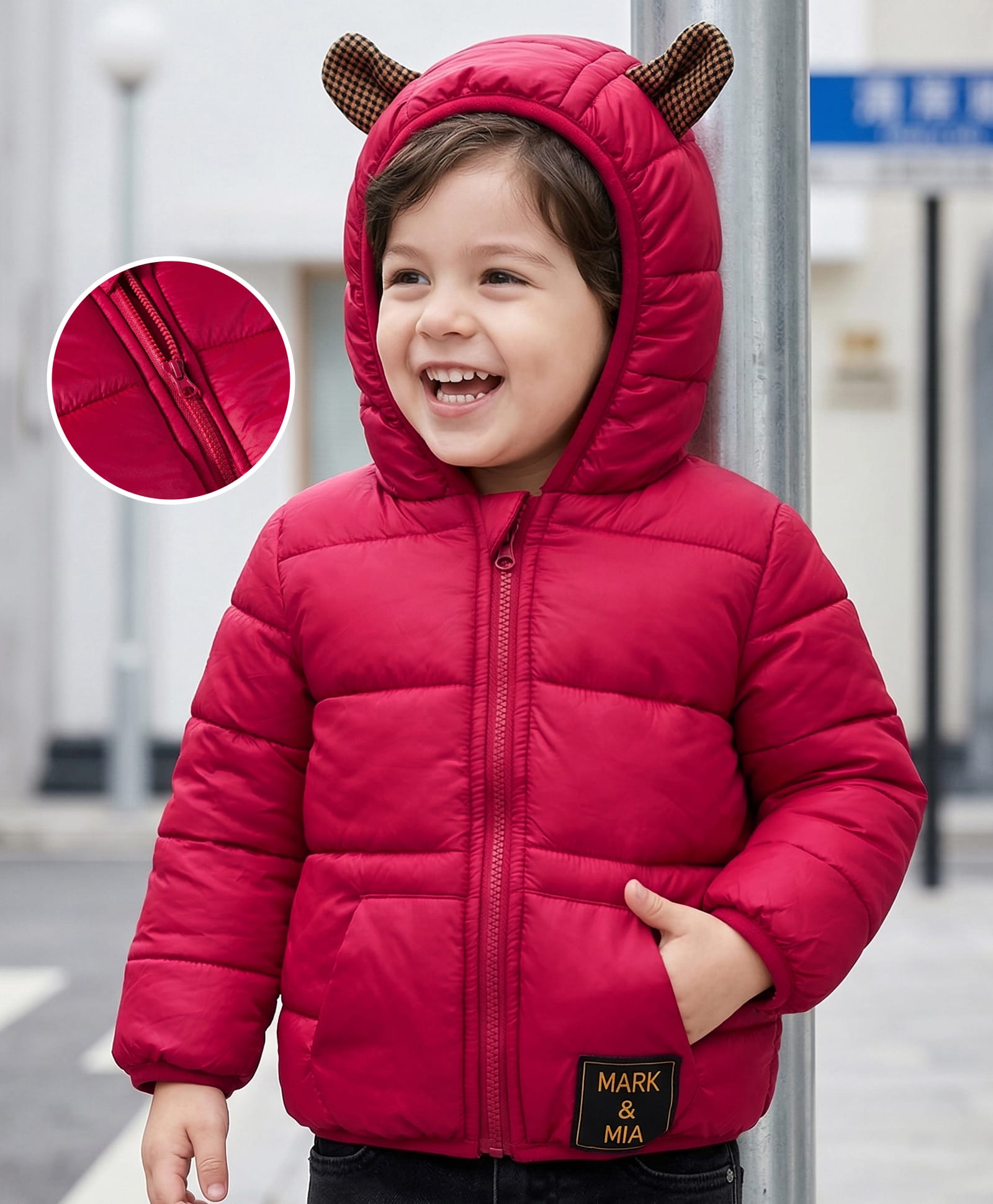 Mark & Mia Woven Full Sleeves Solid Color Hooded Padded Jacket with Ear Applique - Maroon-picture-12