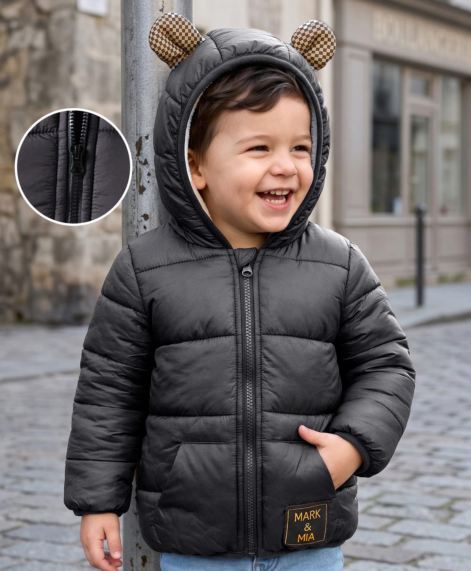 Mark & Mia Woven Full Sleeves Solid Hooded Padded Jacket With Kangaroo Pockets - Black-picture-22