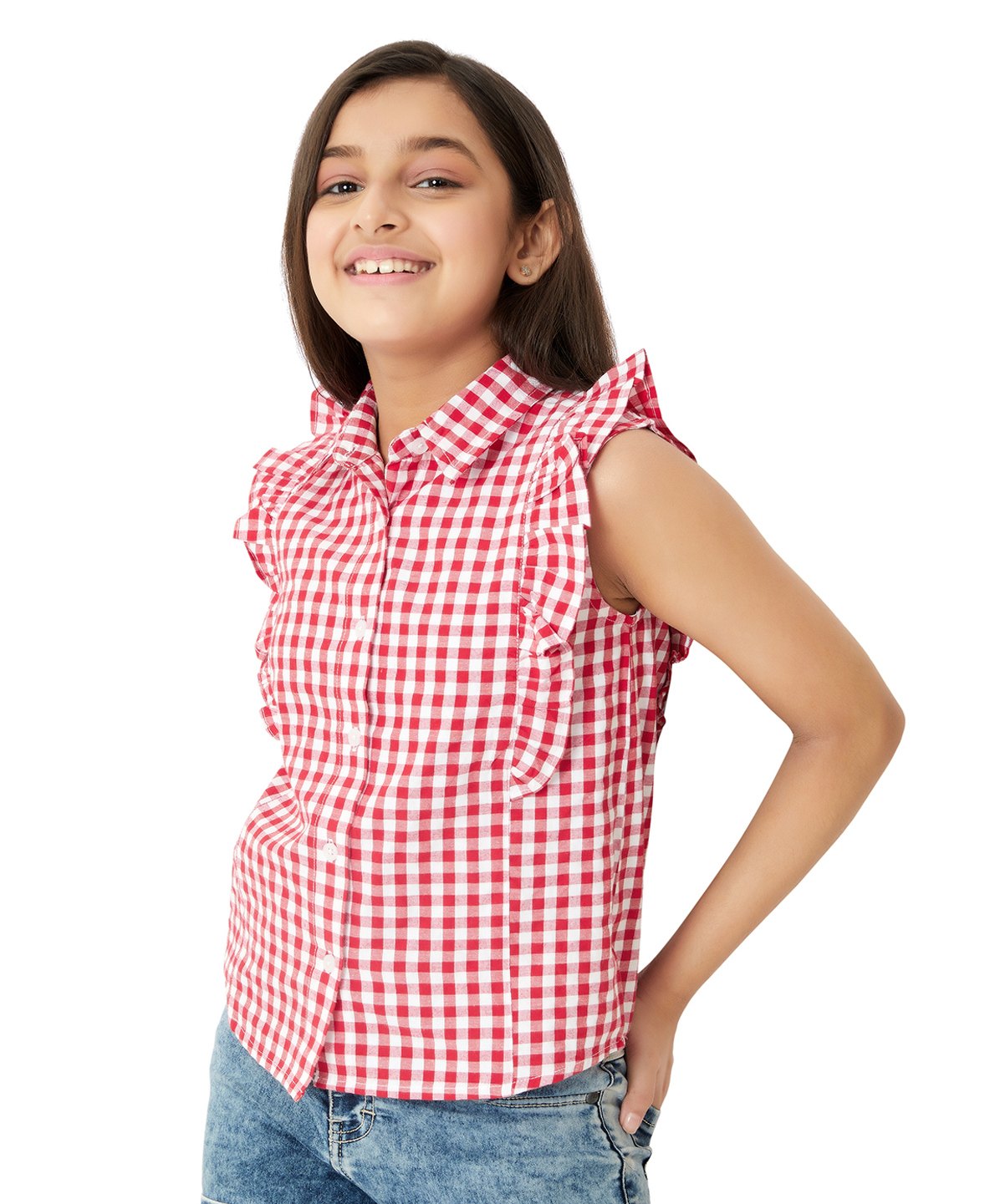 Olele Cotton Linen Woven Sleeveless Checked Top - Red-picture-7