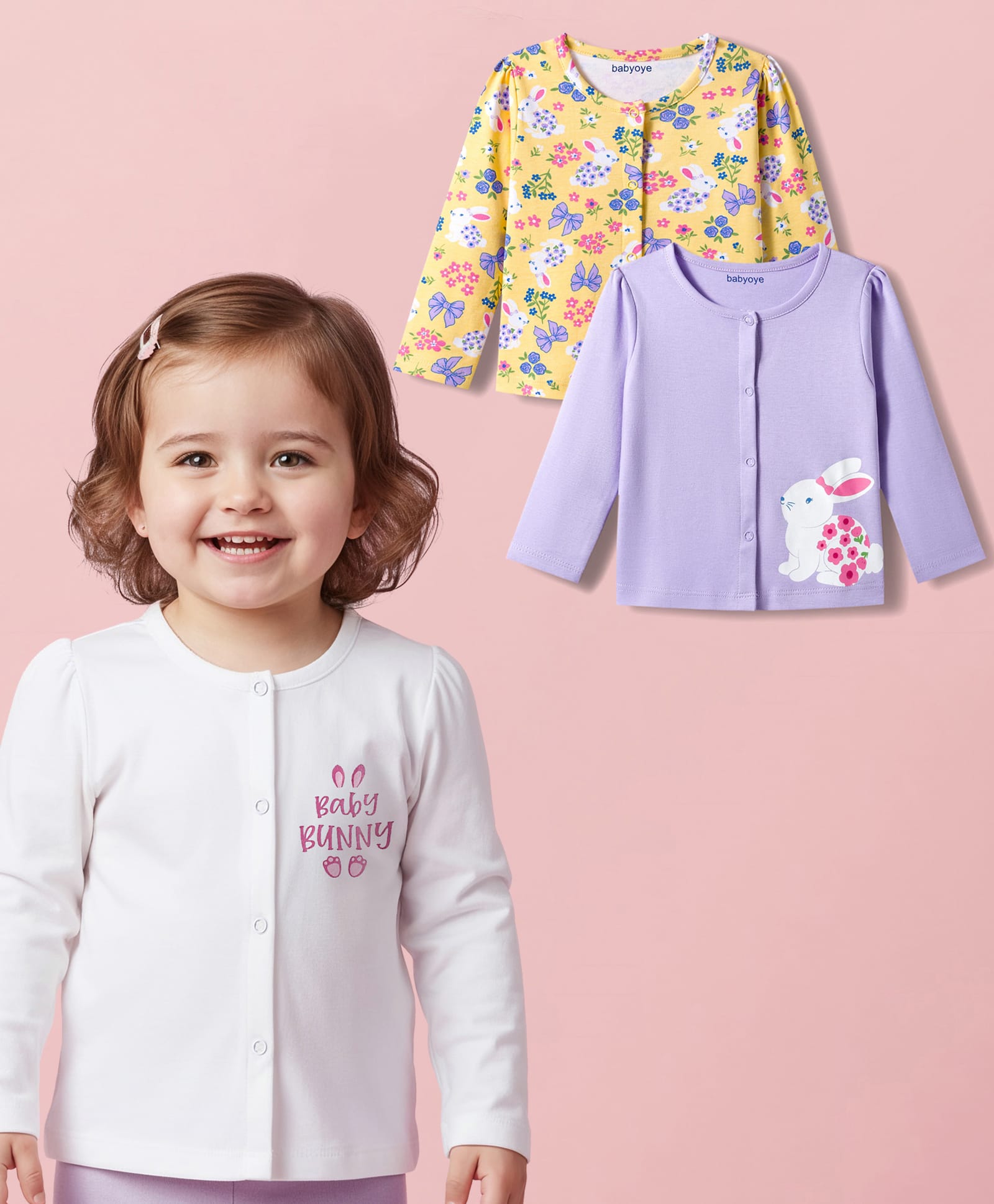 Babyoye 100% Cotton Knit with Eco Jiva Finish Full Sleeves Front Open Jhablas with Floral & Bunny Print - Light Blue Lavender & White-picture-12