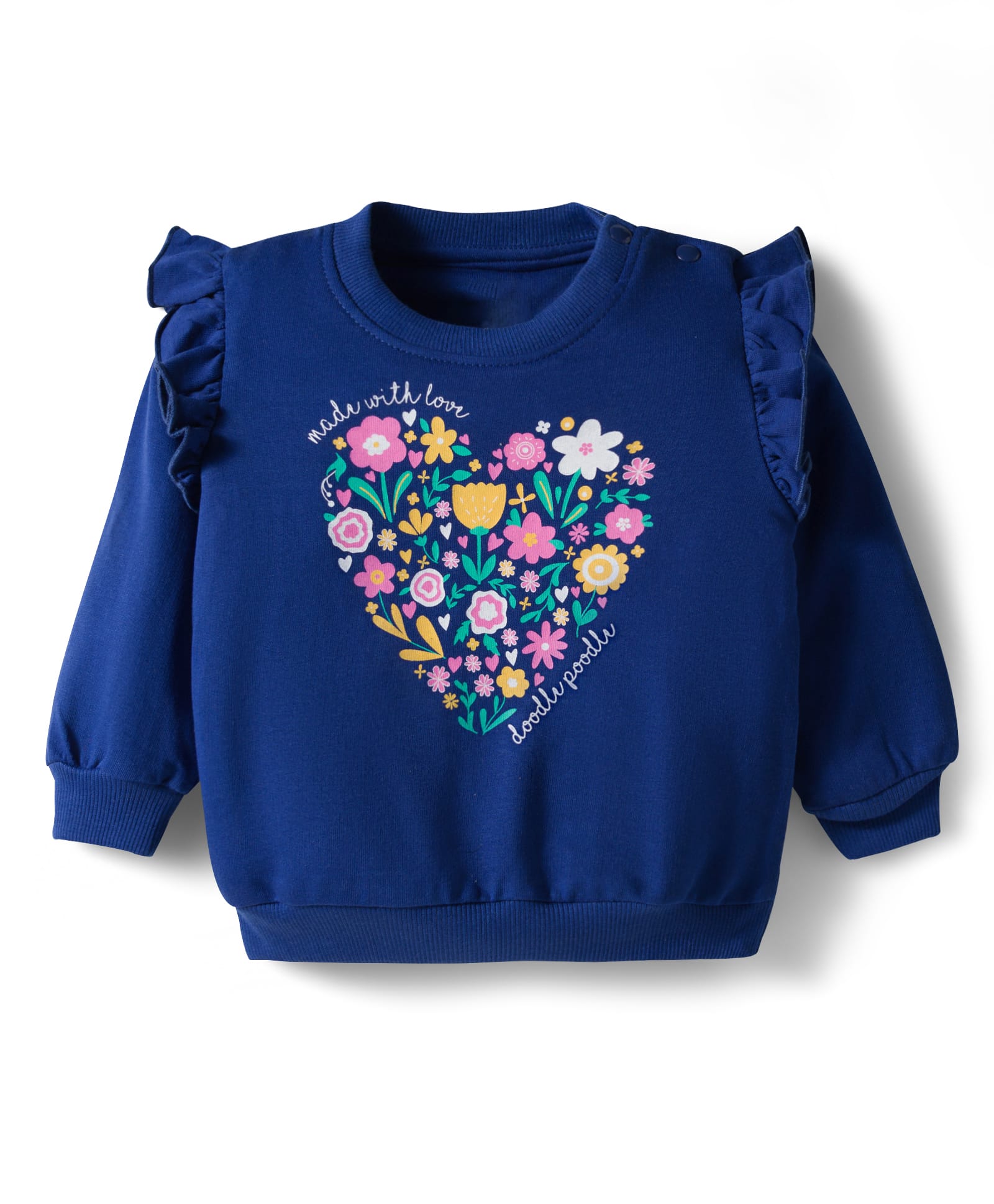 Doodle Poodle 100% Cotton Looper Knit Full Sleeves Sweatshirt With Floral Print & Frill Detailing - Navy Blue-picture-22