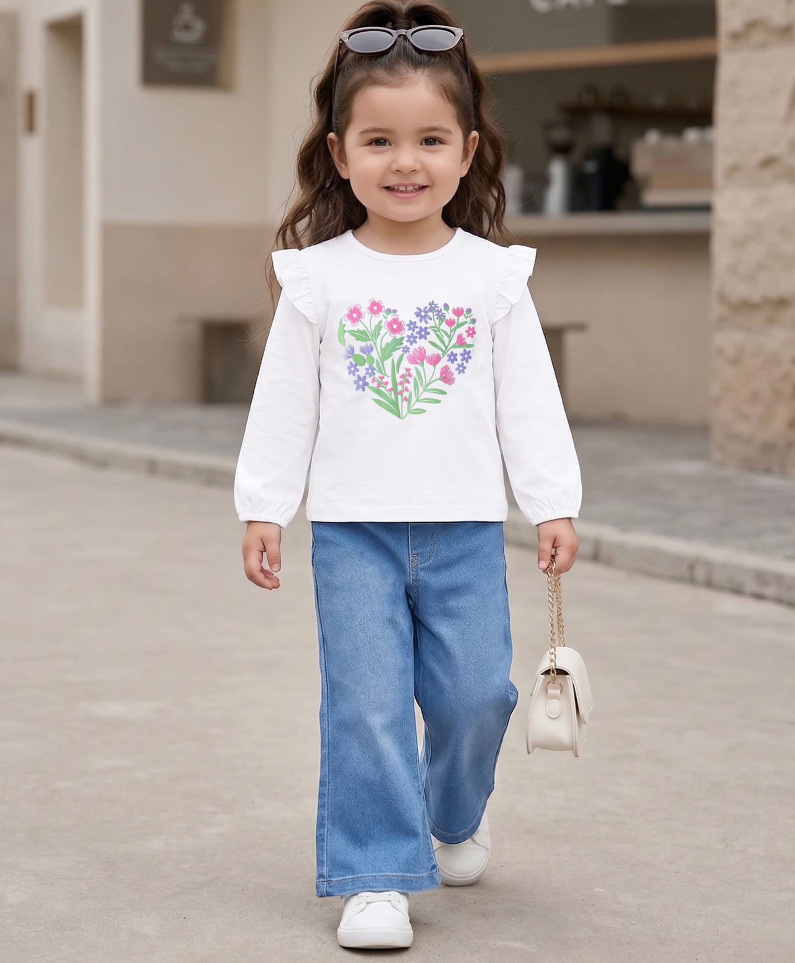 Babyhug Single Jersey Knit Full Sleeves Top & Denim Jeans Set With Floral Print - White & Blue-image-3