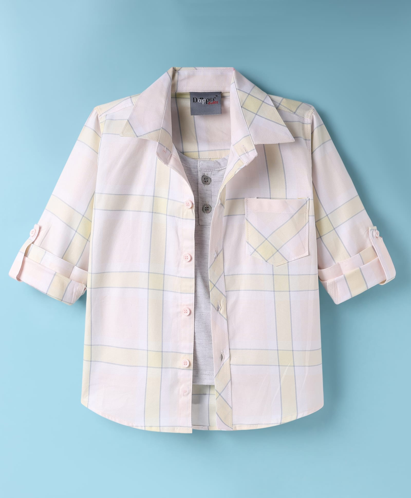 Dapper Dudes Full Sleeves Checked Shirt With Attached Tee - Dark Grey-image-35