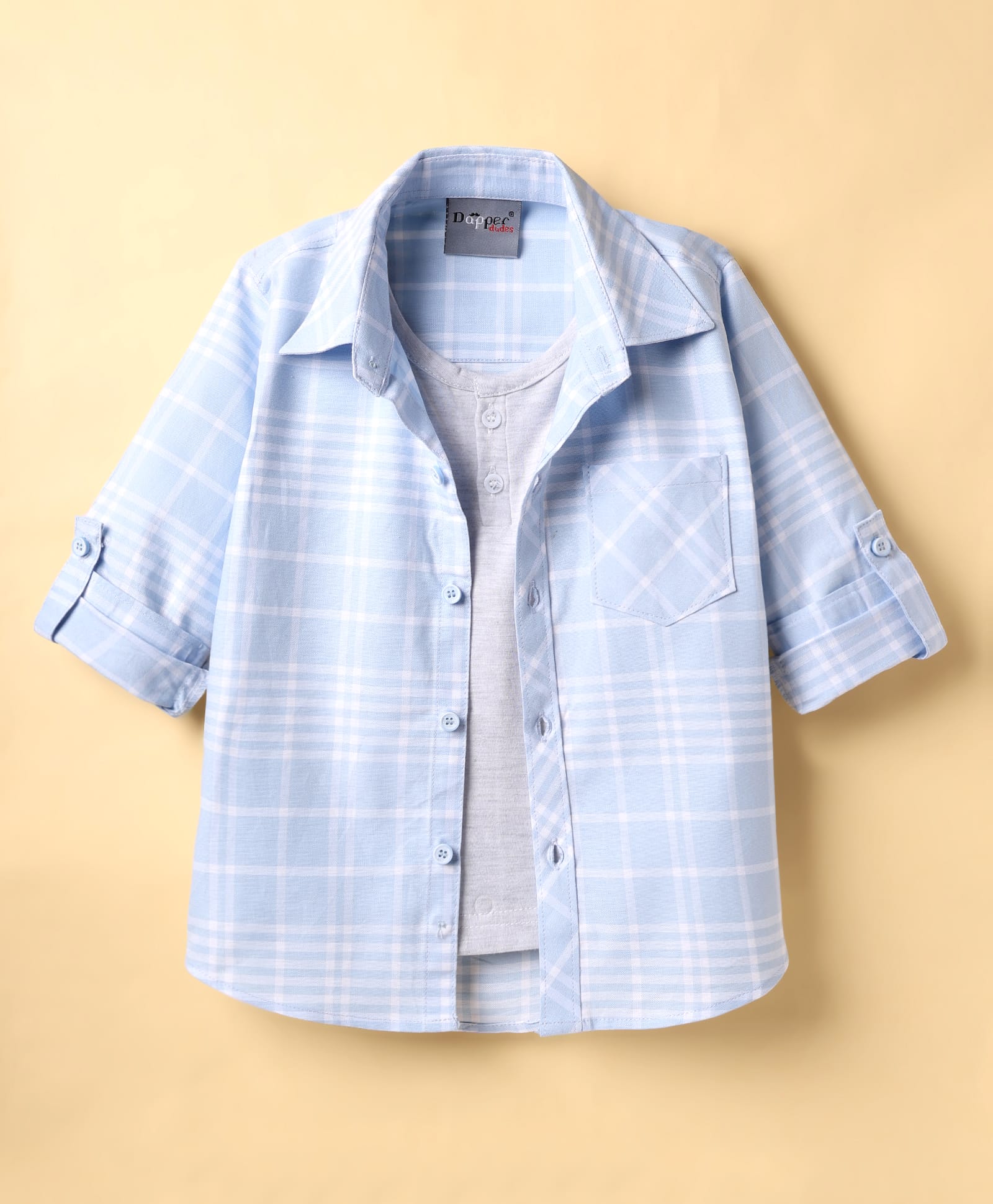 Dapper Dudes Full Sleeves Checked Shirt With Attached Tee - Sky Blue-picture-12