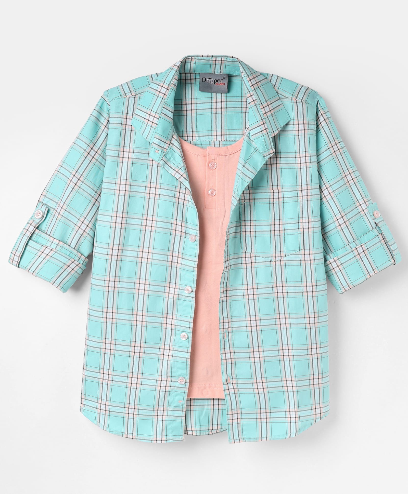 Dapper Dudes Full Sleeves Checked Shirt With Attached Tee - Sky Blue-picture-16