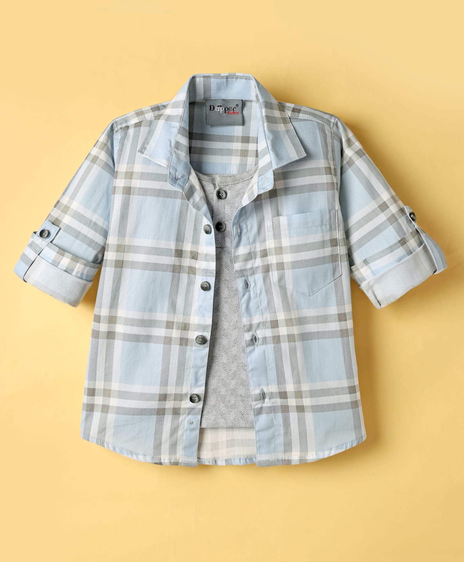 Dapper Dudes Full Sleeves Checked Shirt With Attached Tee - Sky Blue-image-14