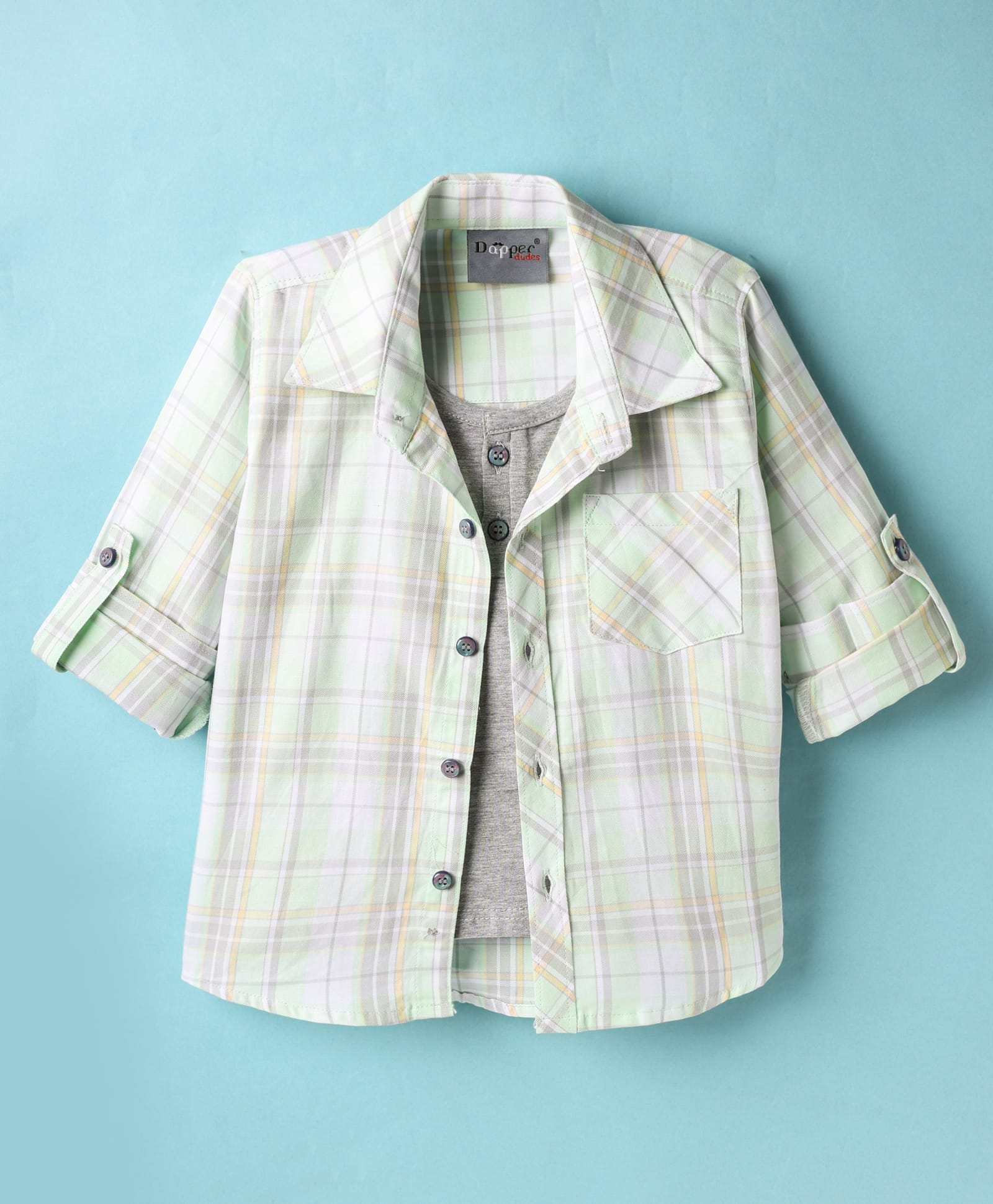 Dapper Dudes Full Sleeves Checked Shirt With Attached Tee - Light Green-image-24