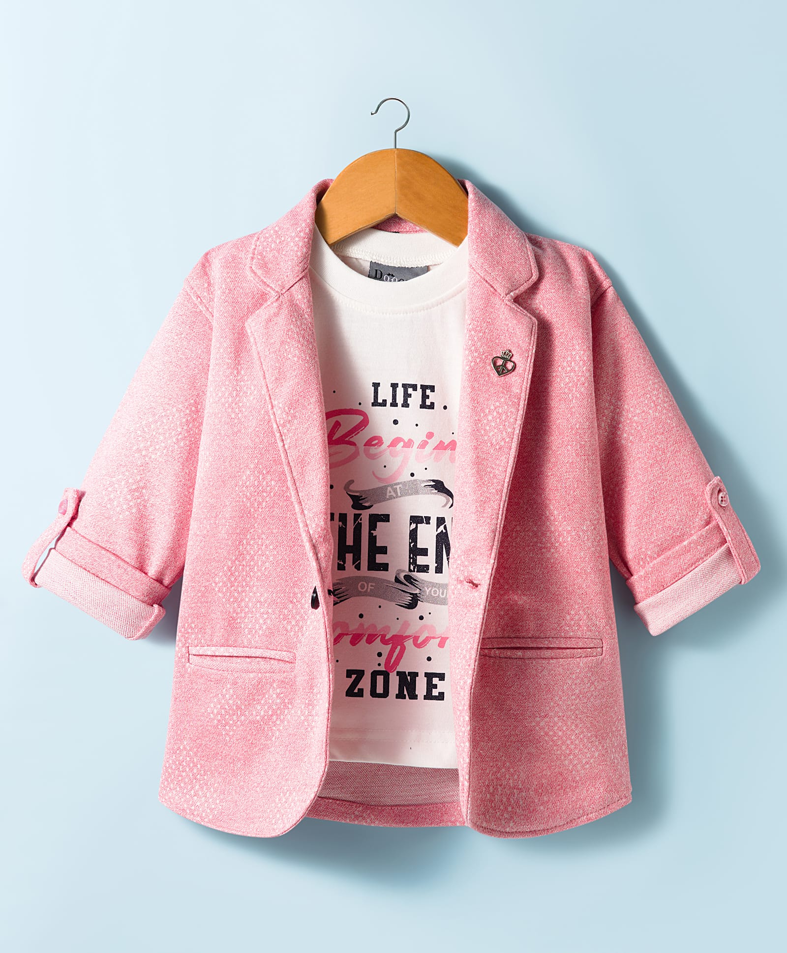 Dapper Dudes Full Sleeves Textured Blazer With Typography Printed Tee Set - Pink-picture-23