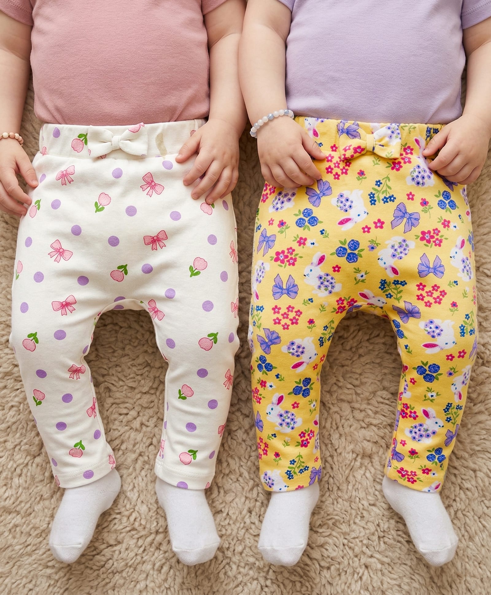 babyoye 100% cotton knit with eco jiva finish full length floral & butterfly printed diaper leggings pack of 2 - white & yellow