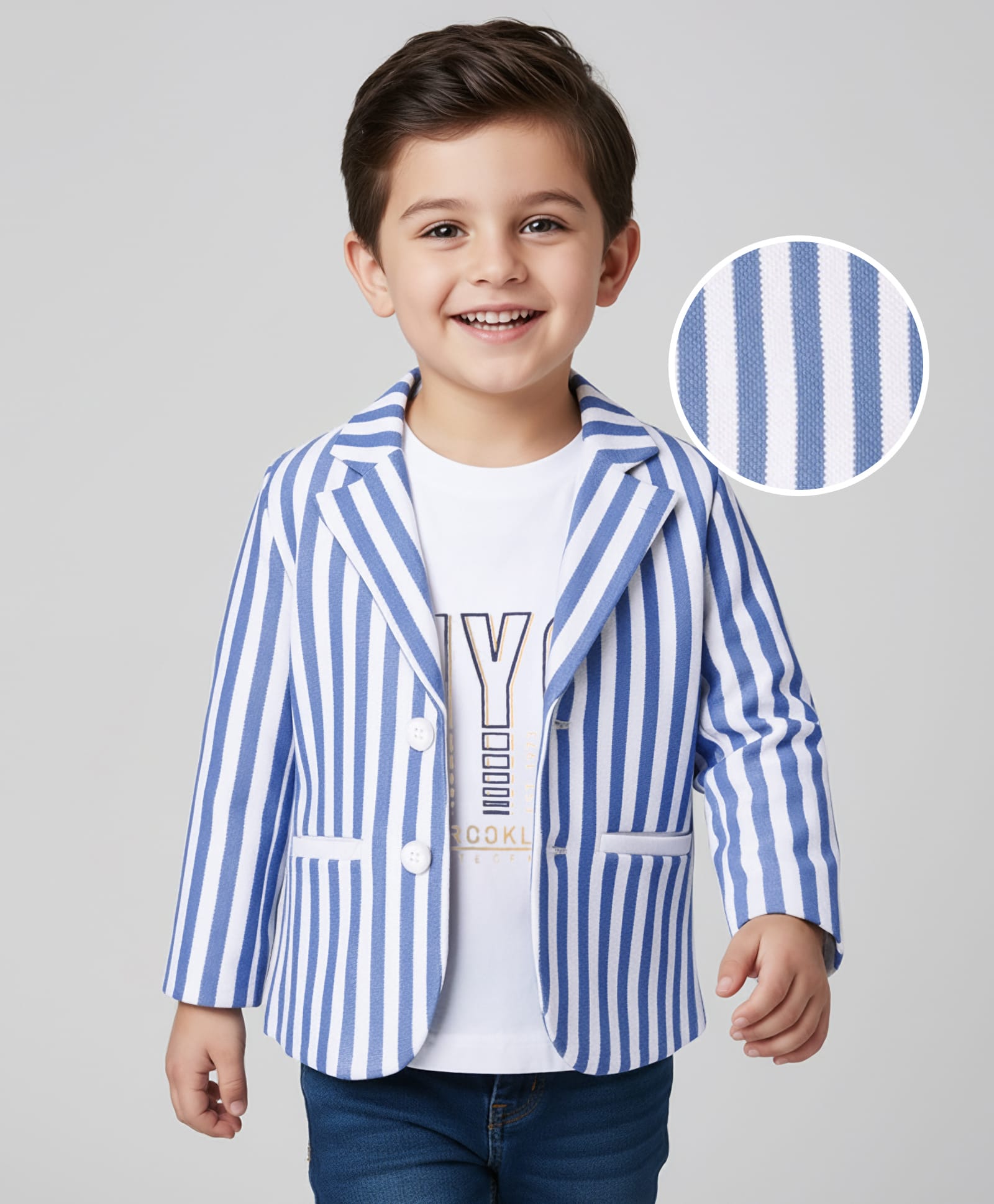 Babyhug Knit Full Sleeves Striped Blazer With NYC Printed T-Shirt - Blue-image-28