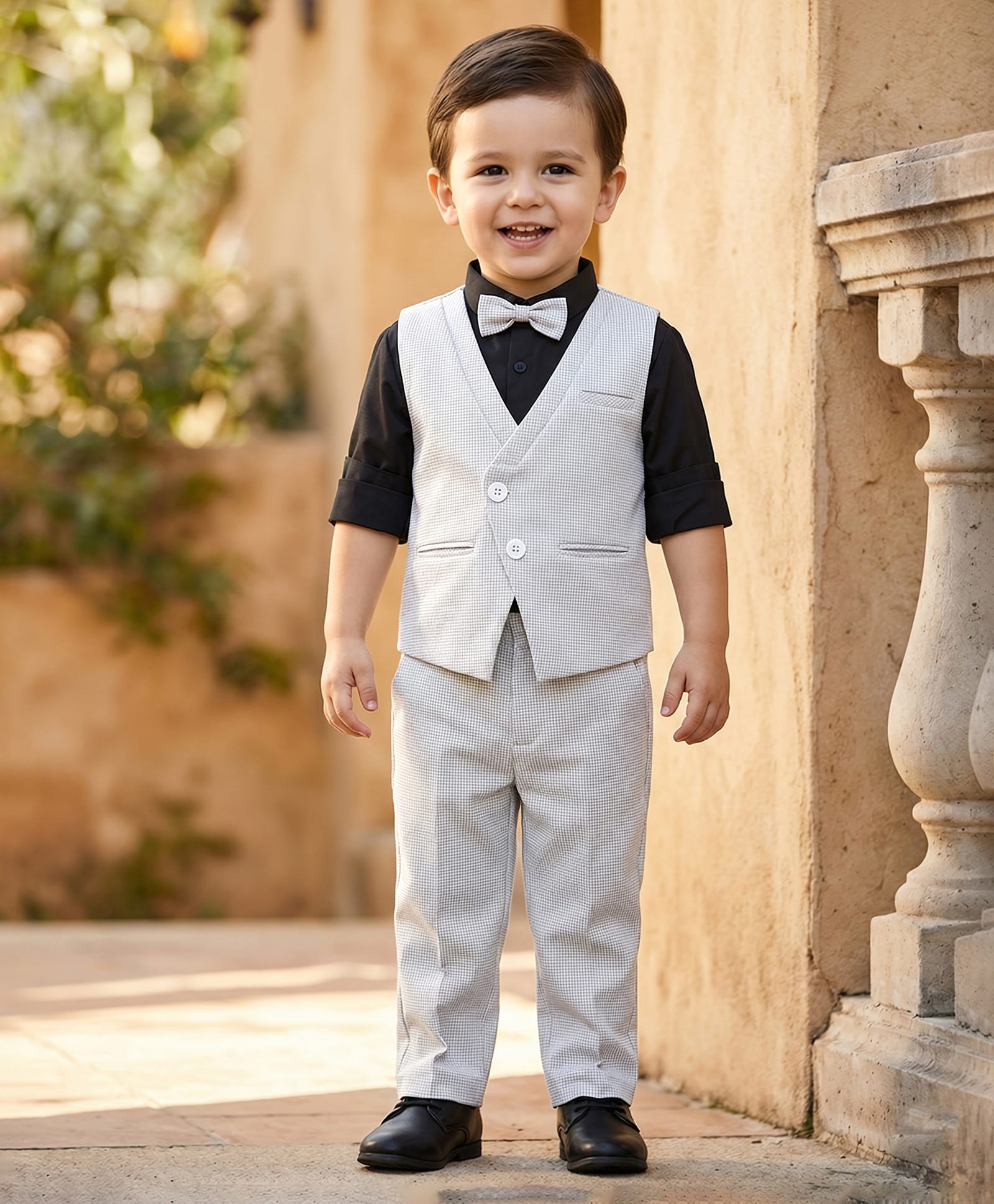 Babyhug Knit Full Sleeves 3 Piece Party Suit With Bow & Textured Print - Grey-picture-10
