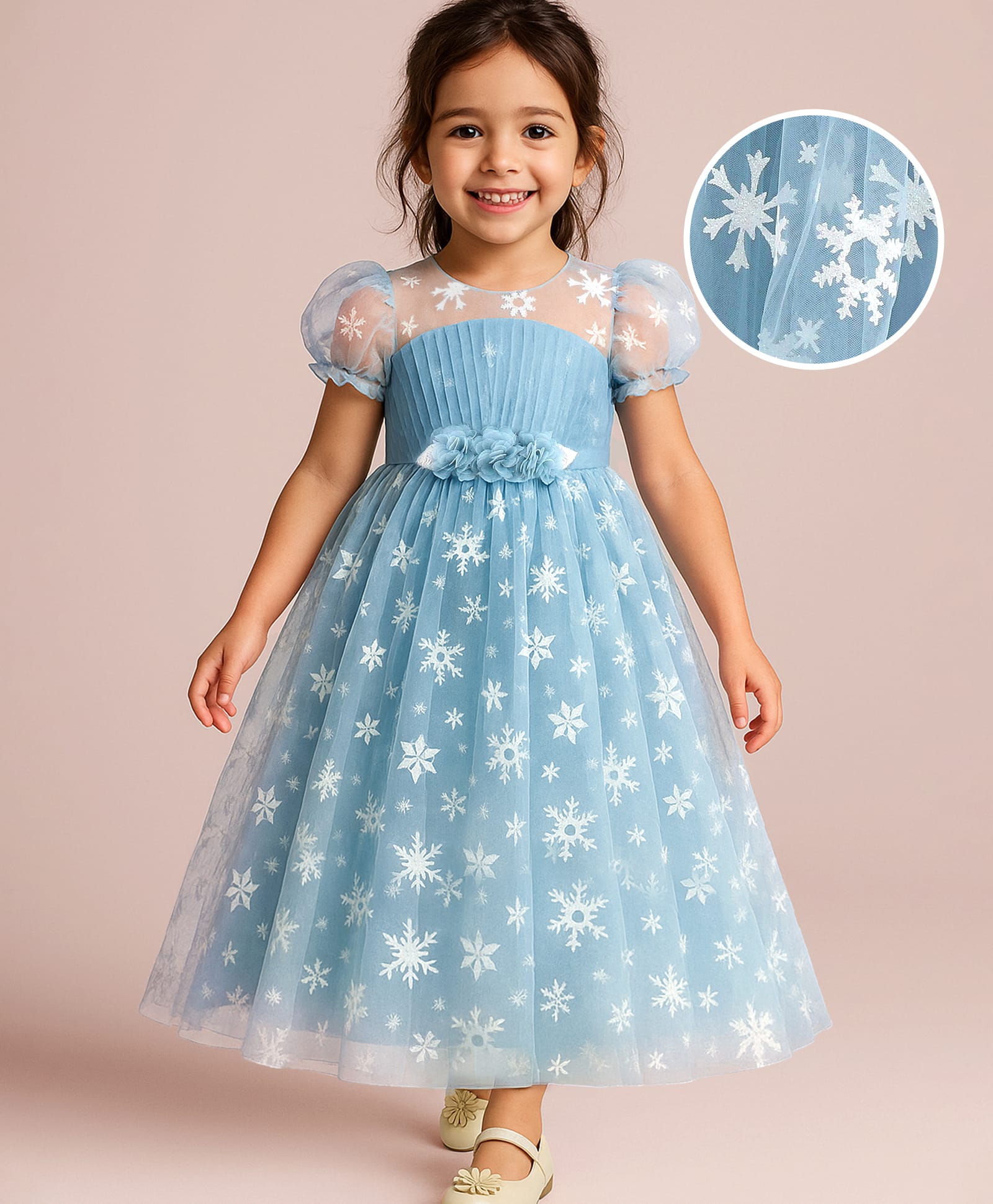 Babyhug Woven Half Puffed Sleeves Snowflake Embroidered Party Dress - Light Blue