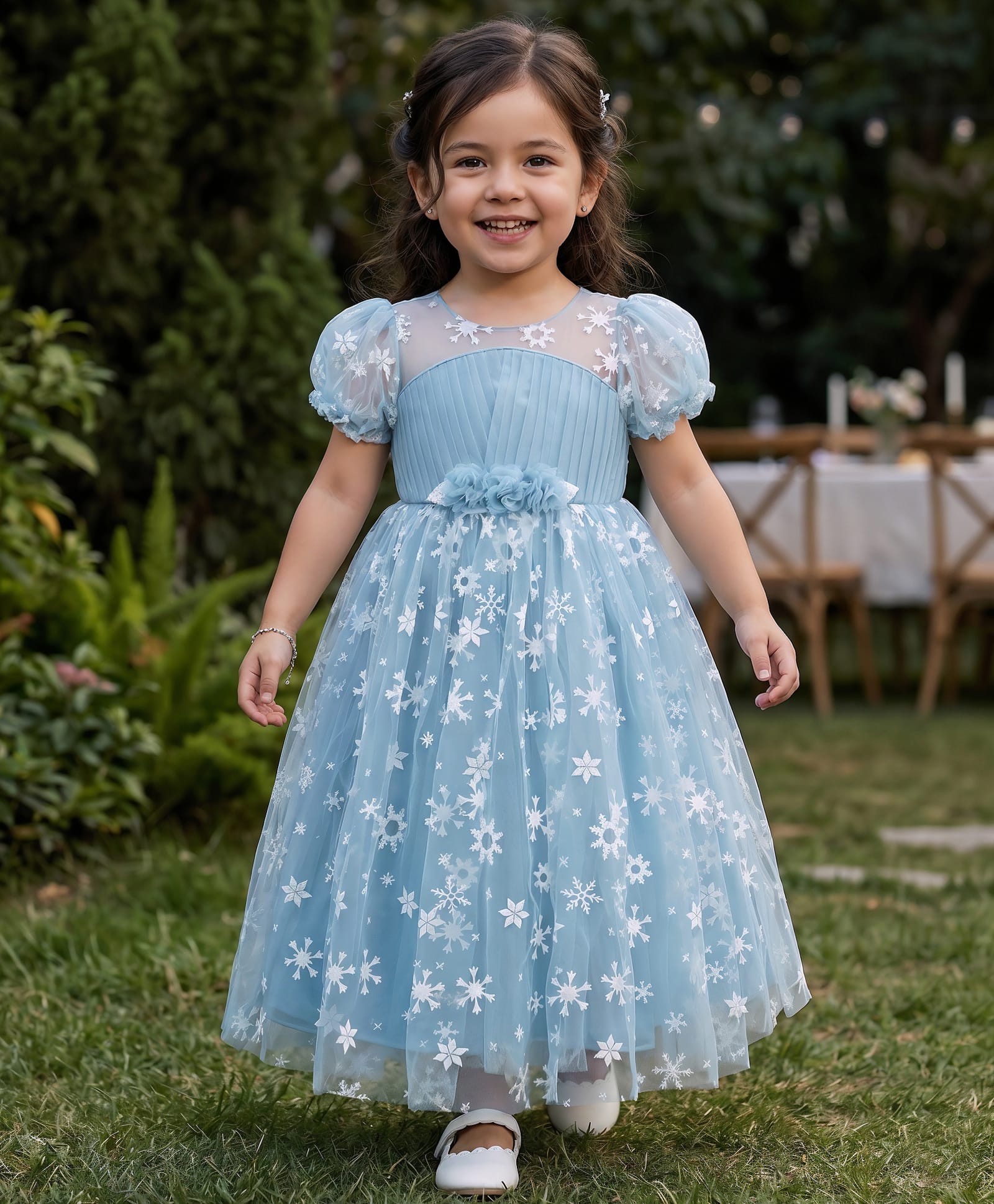 Babyhug Woven Half Puffed Sleeves Snowflake Embroidered Party Dress - Light Blue-image-18