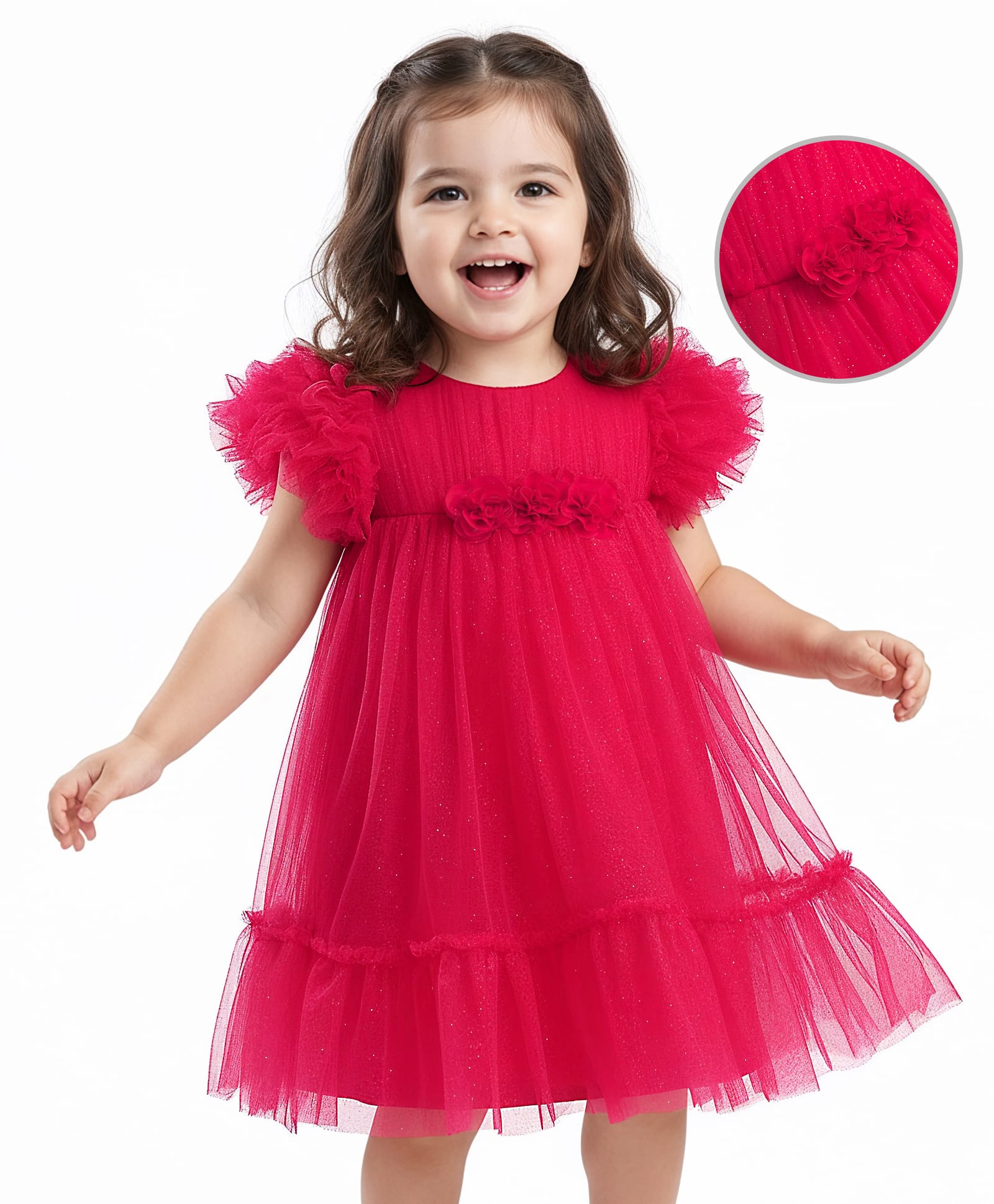 Babyhug Mesh Woven Sleeveless Solid Party Dress With Floral Corsage & Frill Detailing - Red-image-27
