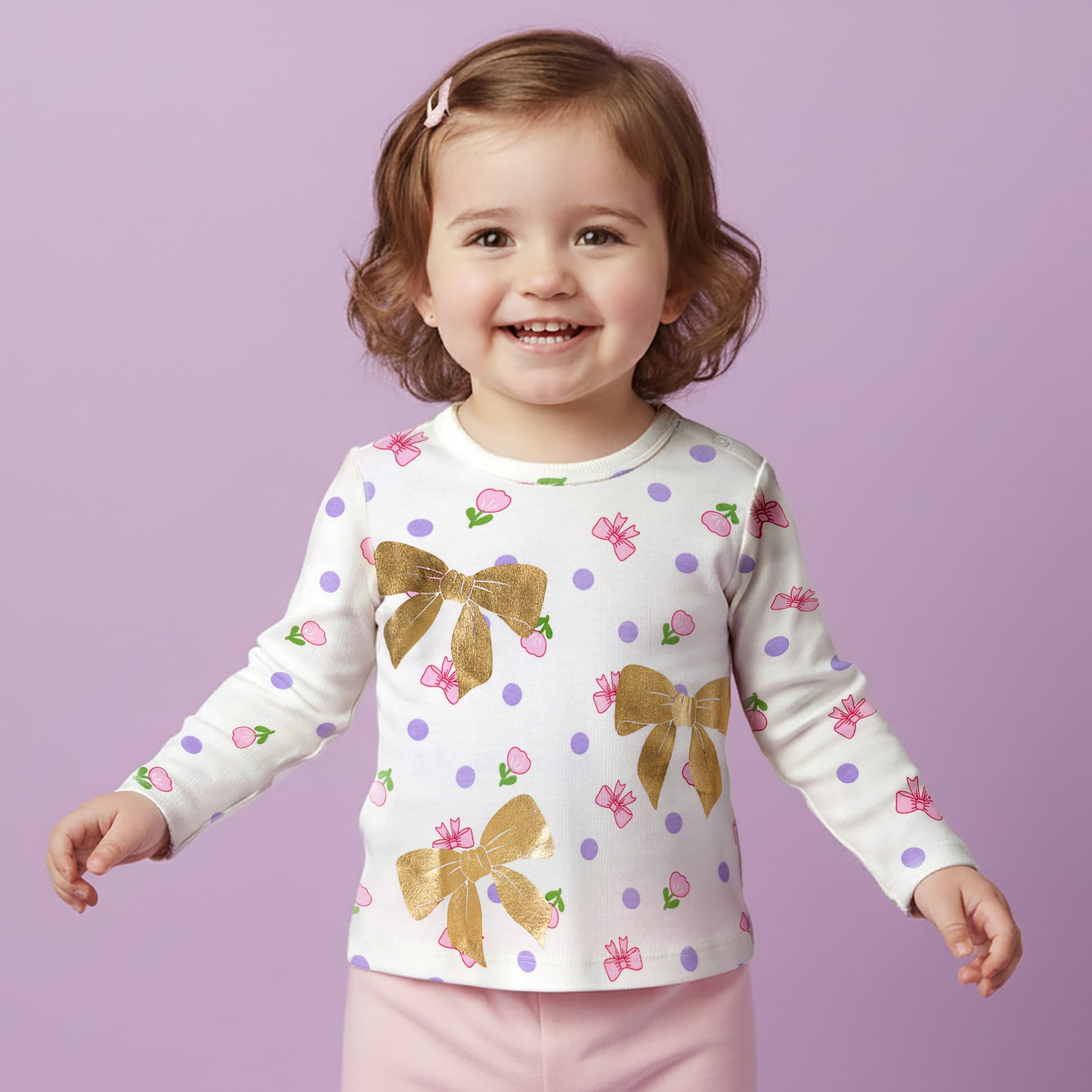 Babyoye 100% Cotton Knit Eco Jiva Finish Full Sleeves T-Shirt With Bow & Polka Dot - White-image-4