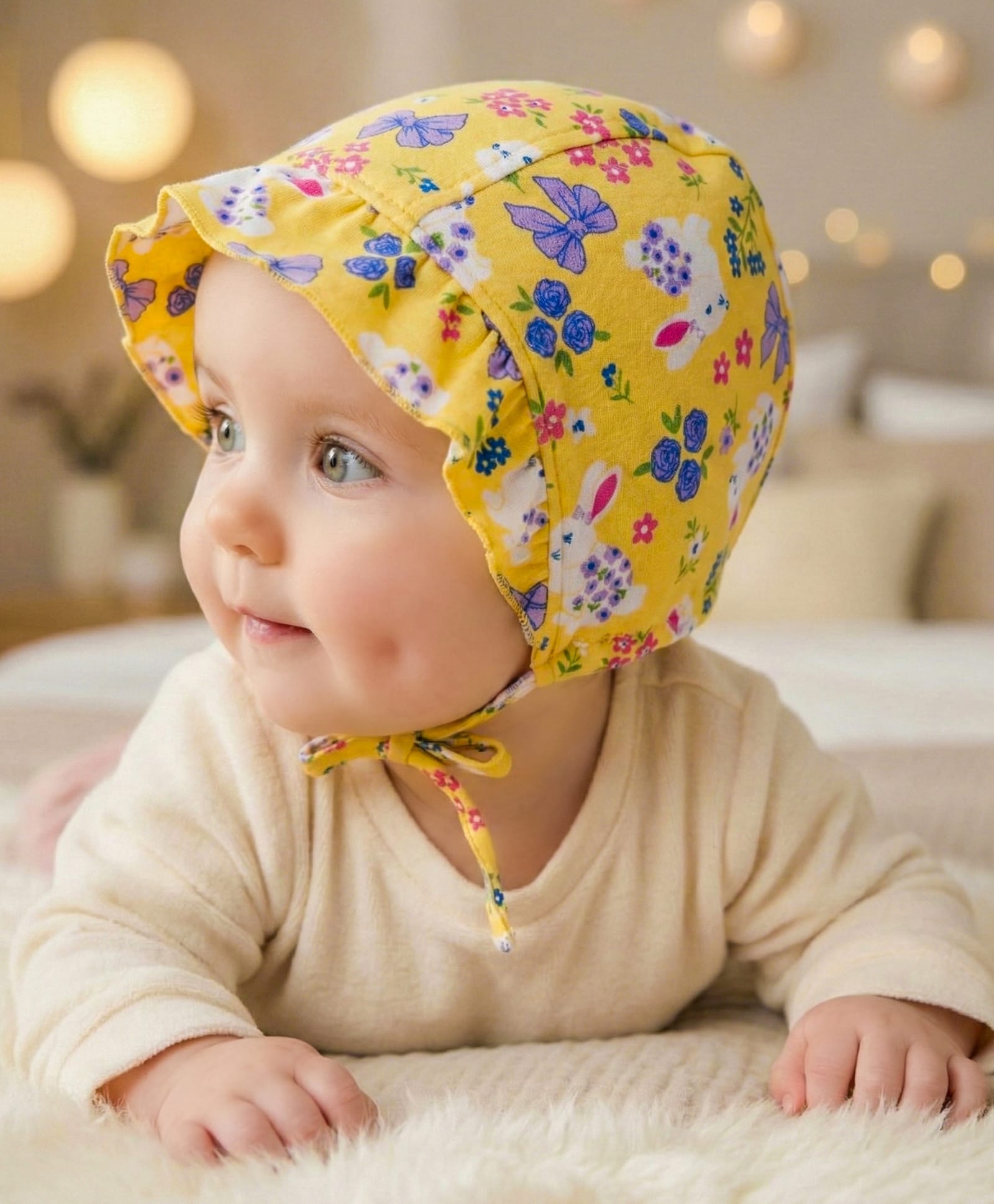 Babyoye 100% Cotton Knit Eco Jiva Finish Cap With Floral Print Yellow - Diameter 14 cm-picture-19