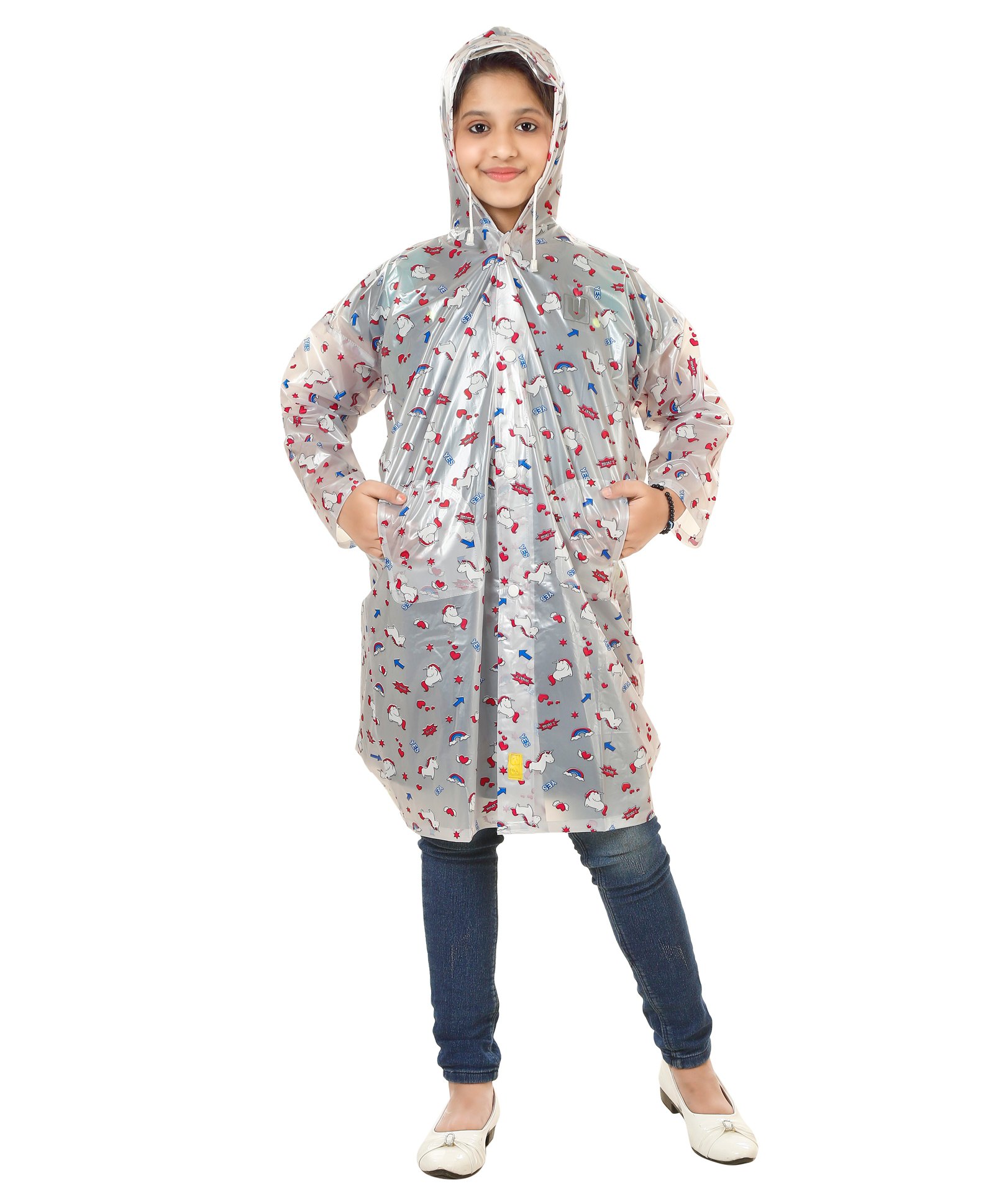 Viva Rainwear PVC Full Sleeves Rainbow & Unicorn Printed Hooded Raincoat - White-picture-22