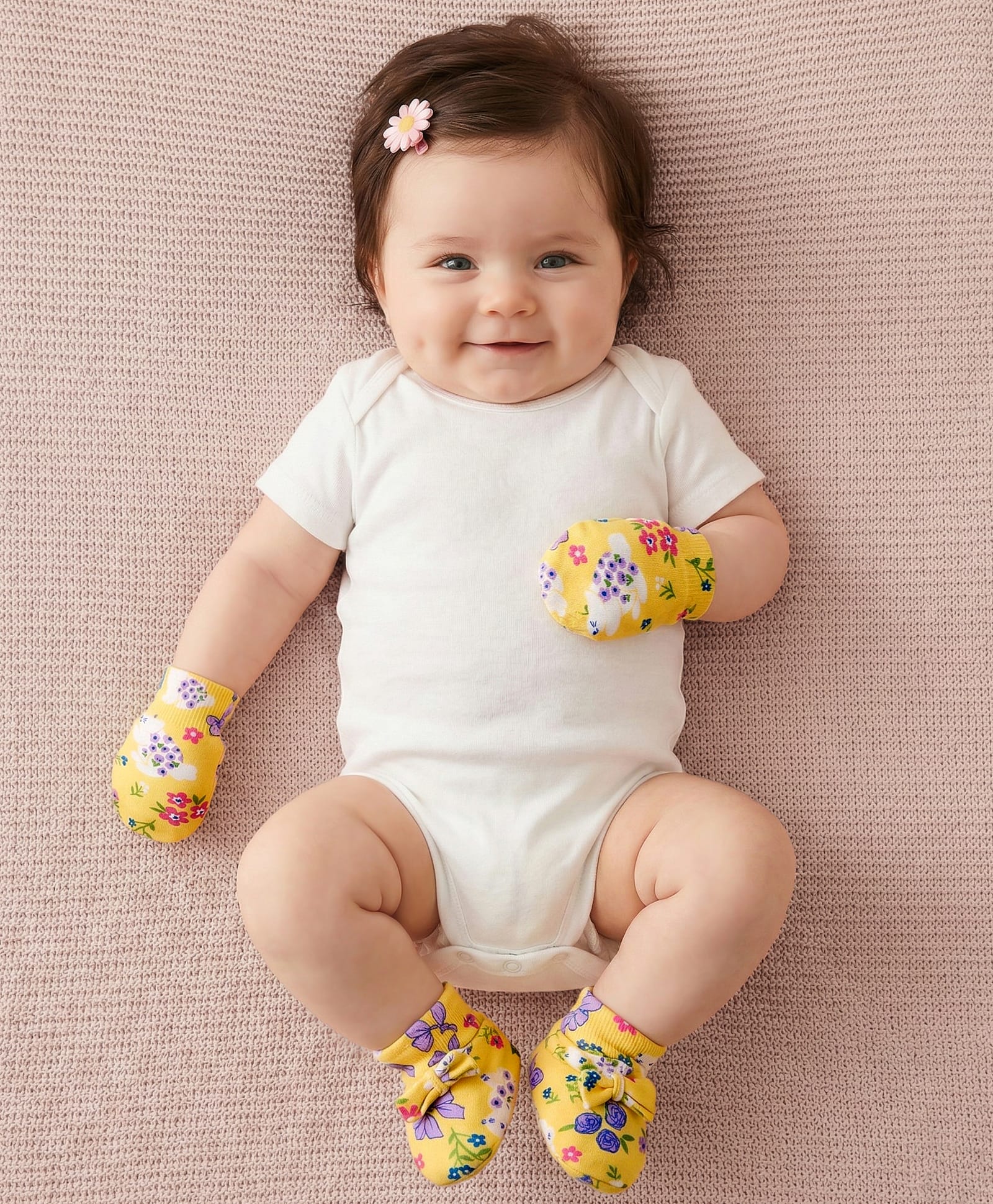 Babyoye 100% Cotton Knit Eco Jiva Finish Mittens and Bootie Set With Floral Print - Yellow-image-48