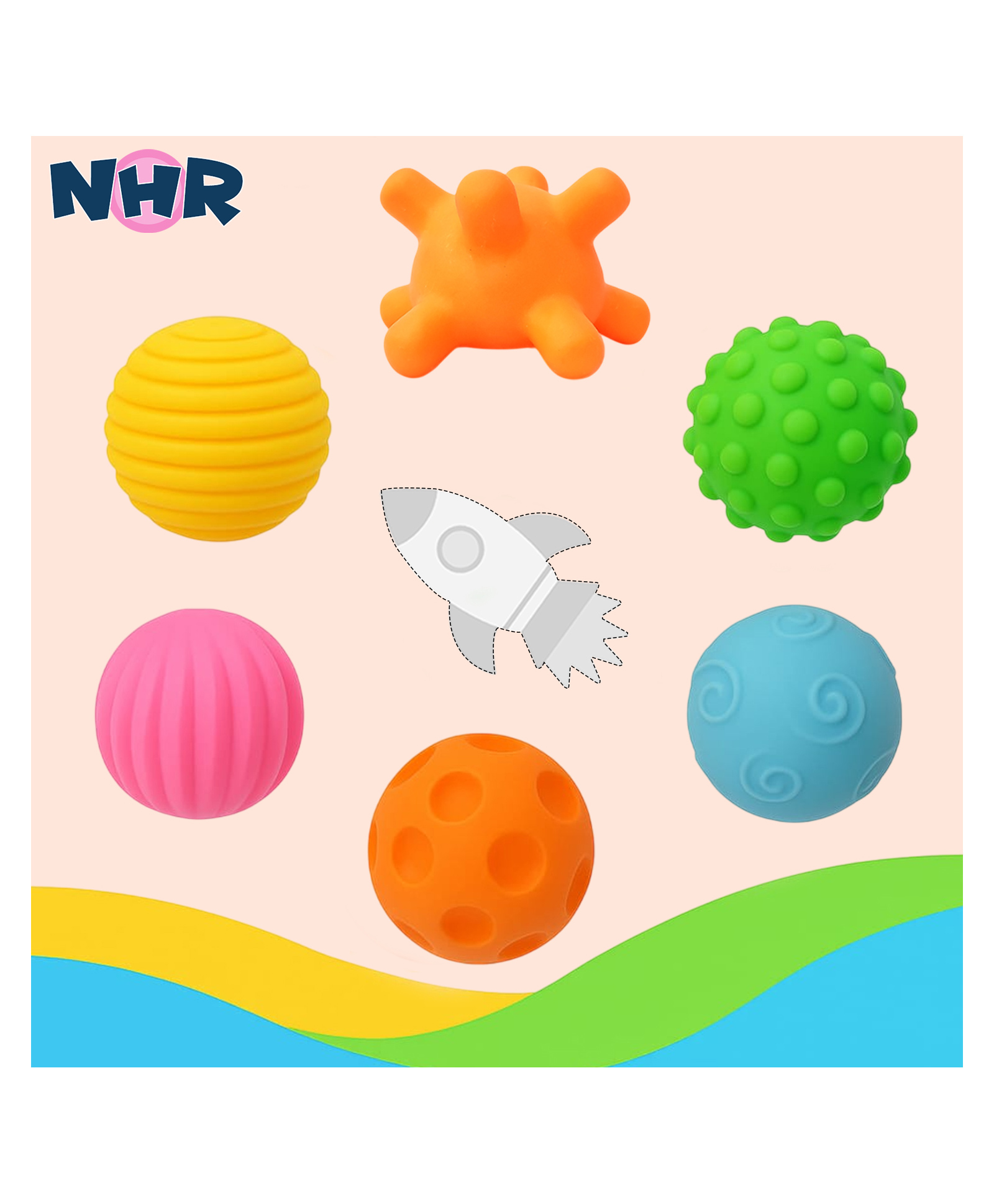 NHR Sensory Balls with Sound for Babies - Set of 6 Textured Soft Balls for Tactile Stimulation, Baby Bath Toys, Teething Balls, Squeeze and Play Balls with Chu Chu sound for Infants (Color May Vary)