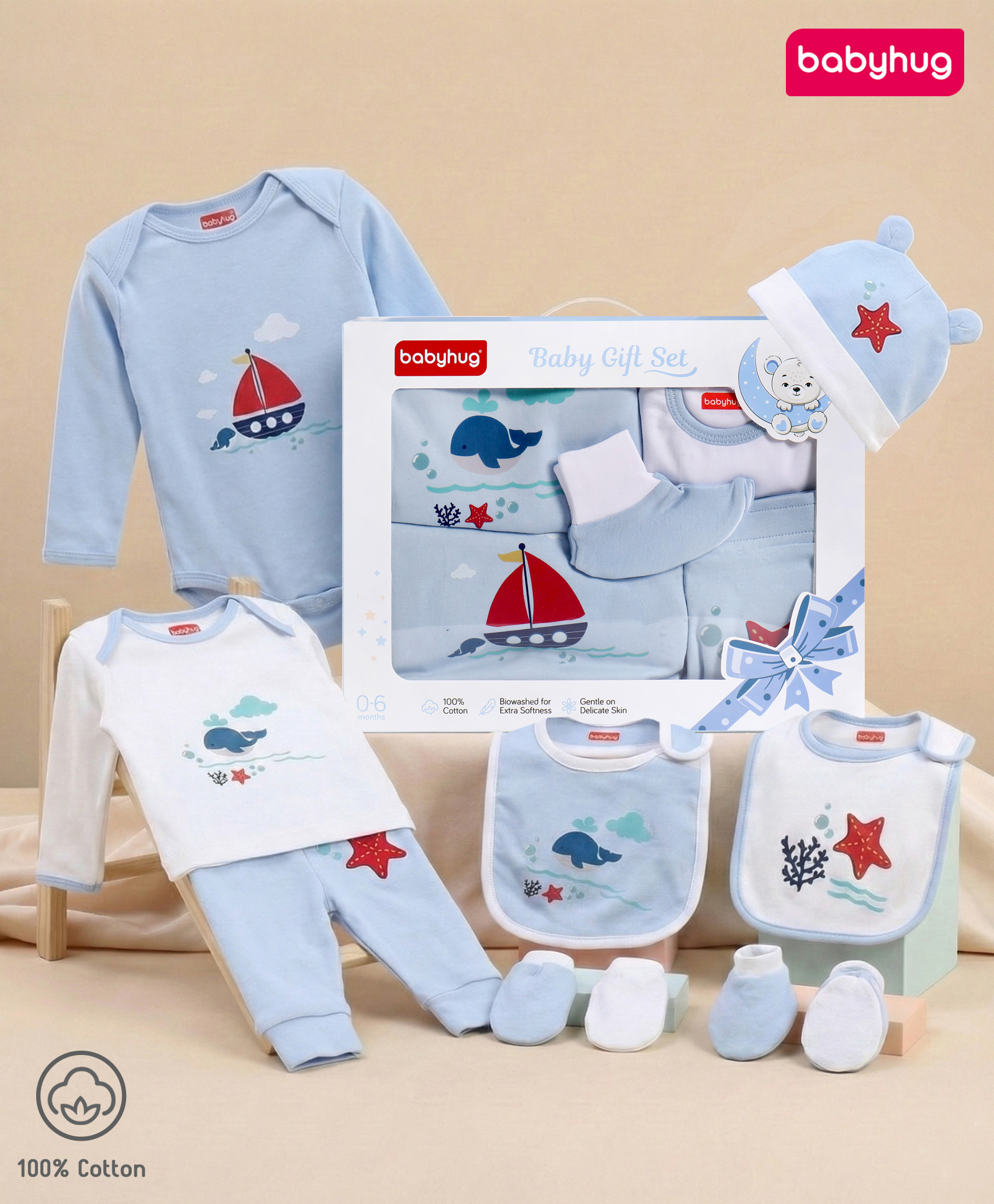 Babyhug Premium 100 % Cotton New Born Clothing Gift Set Sea Breeze Theme Blue - Pack of 8| Full Sleeve Set| Onesie| Cap Bibs Mitten & Booties| Essential Clothing for 0 to 6 months-picture-16