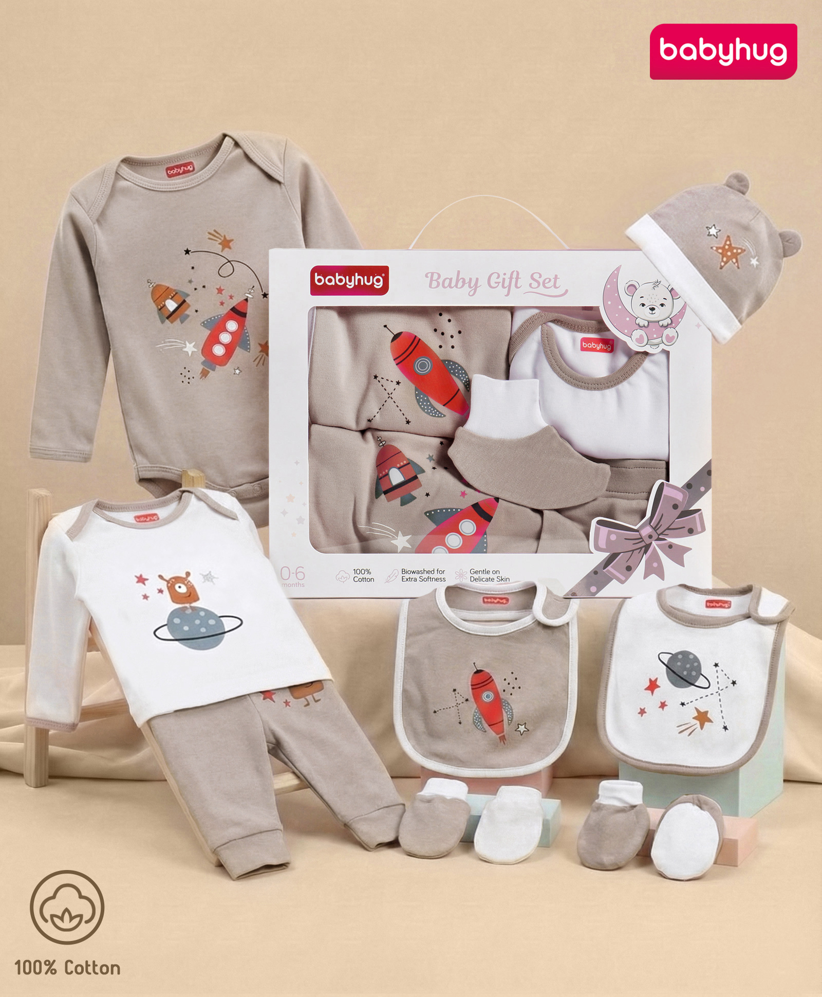 Babyhug Premium 100 % Cotton New Born Clothing Gift Set Astronauts Theme Brown - Pack of 8| Full Sleeve Set| Onesie| Cap Bibs Mitten & Booties| Essential Clothing for 0 to 6 months-picture-14