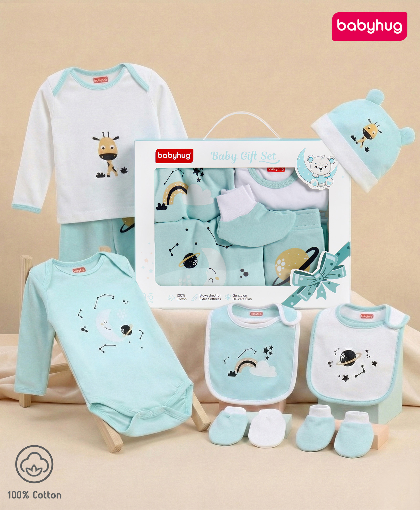 Babyhug 100% Cotton Baby Gift Set With Cute Giraffe Theme Print Pack of 8 - White & Aqua Blue-image-33