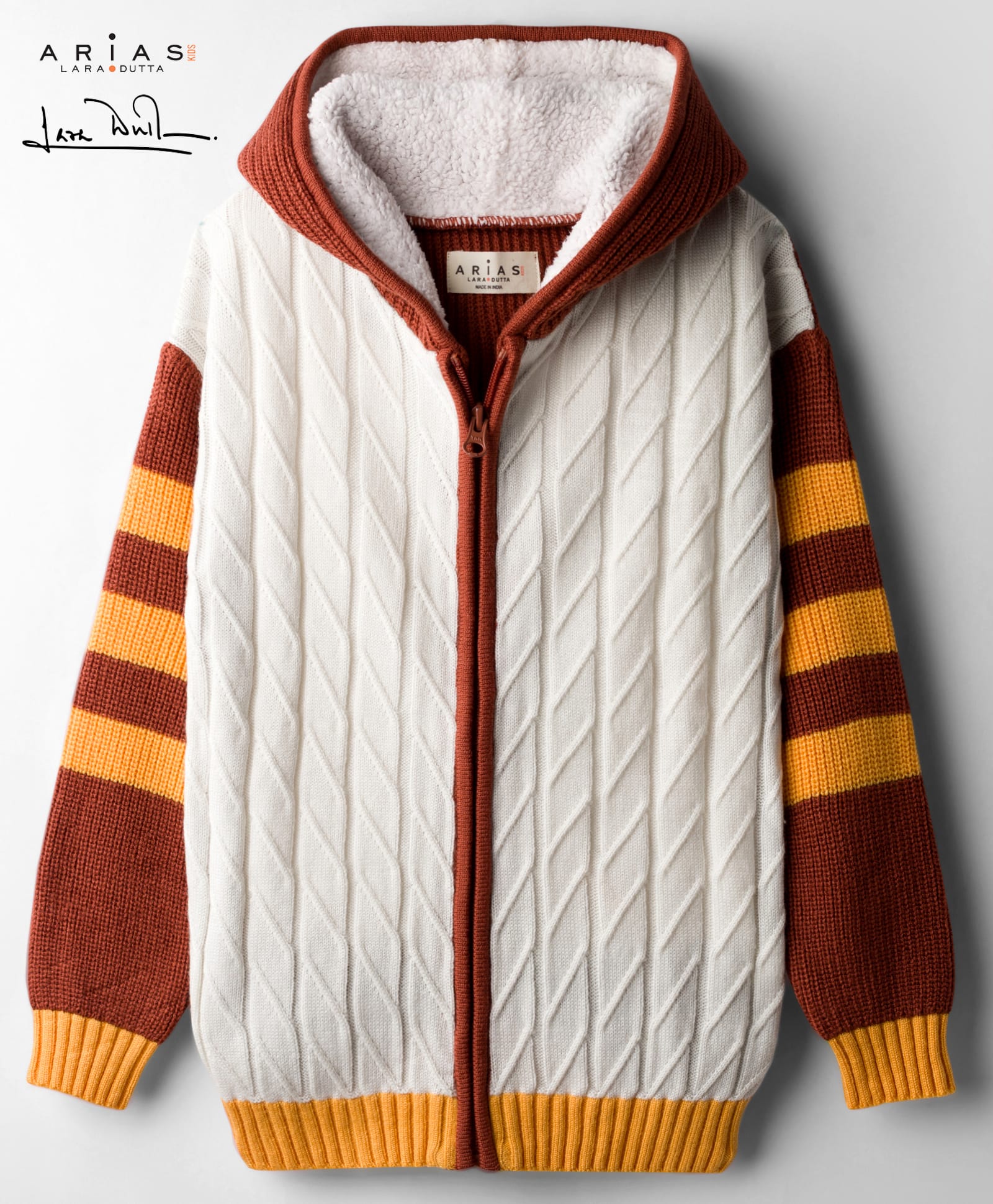 arias by lara dutta Arias Knit Full Sleeves Front Zipper Open Hooded Sweater With Cable Knit Design - White & Brown-picture-23