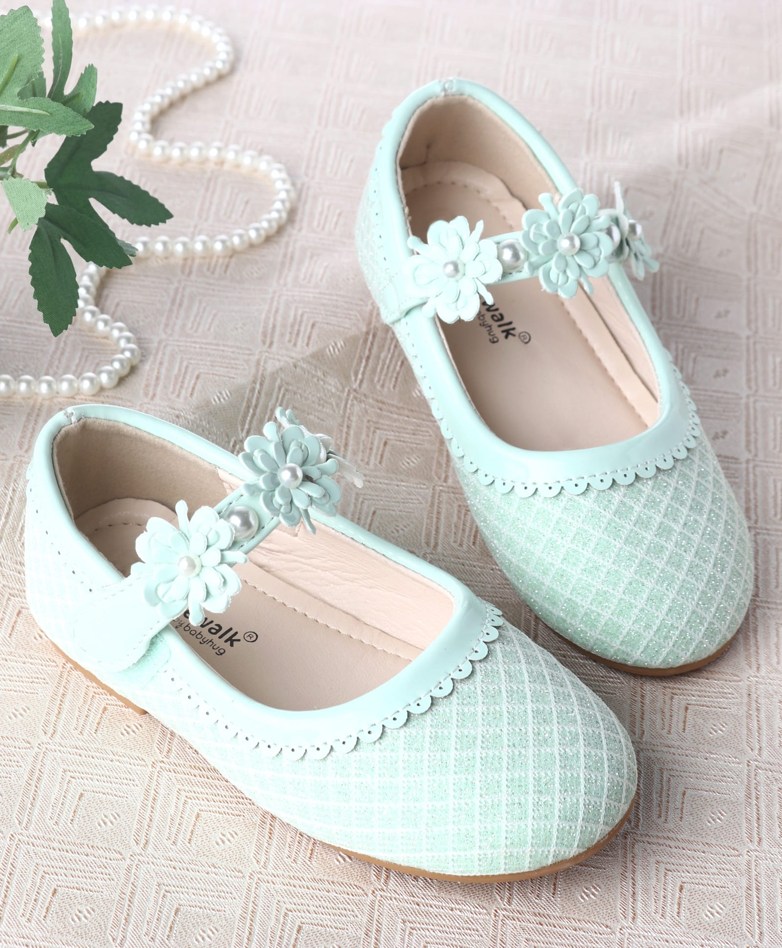 Cute Walk by Babyhug Velcro Closure Ballerina With Floral Applique & Checks Design - Sea Green-image-42