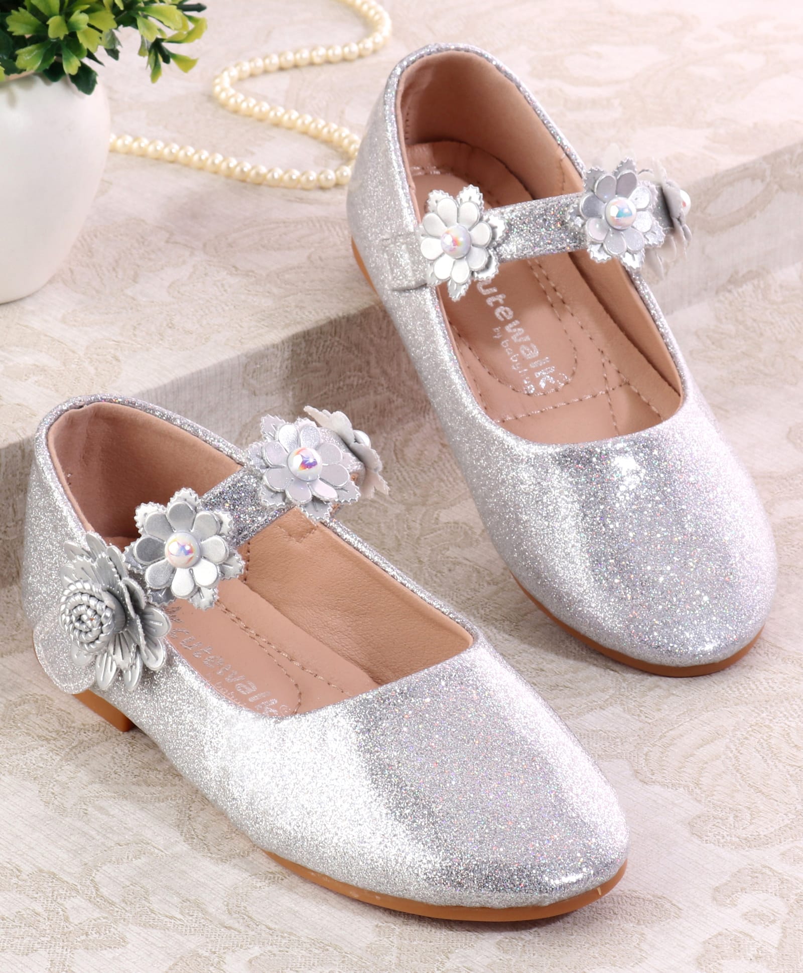 Cute Walk by Babyhug Velcro Closure Shimmery Ballerina with Floral Applique - Silver-image-38