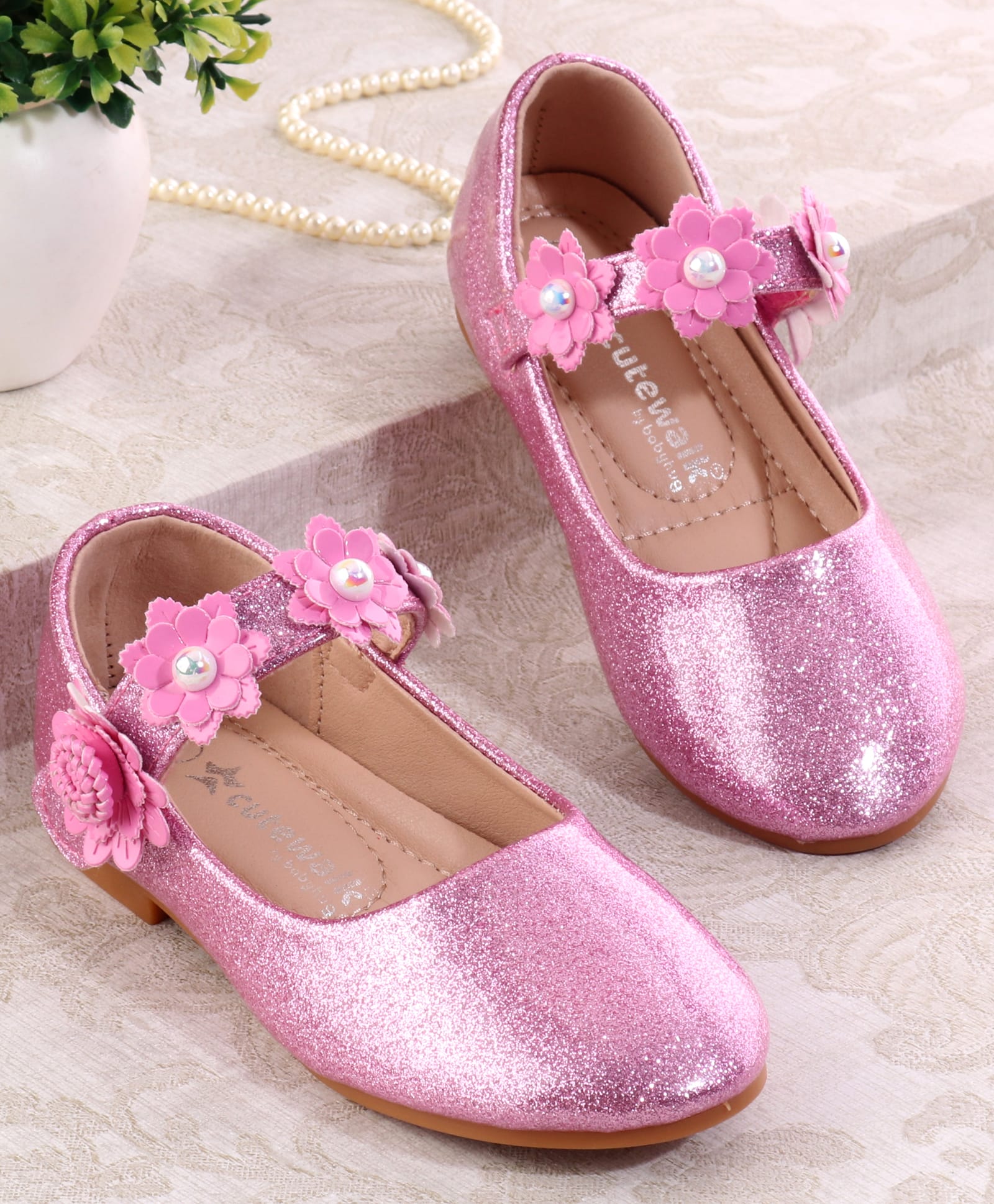 Cute Walk by Babyhug Velcro Closure Shimmery Ballerina with Floral Applique - Pink-image-37