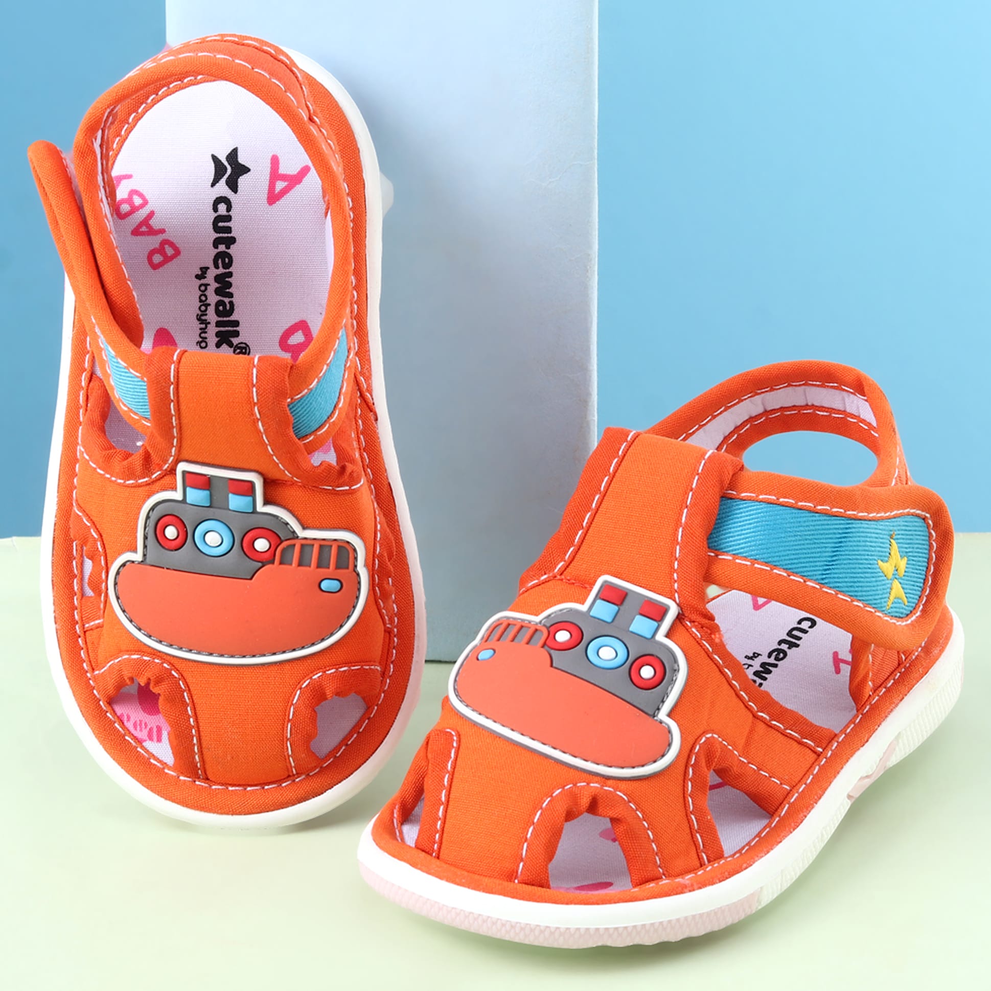 Cute Walk by Babyhug Sandals with Velcro Closure & Ship Applique - Orange-picture-23