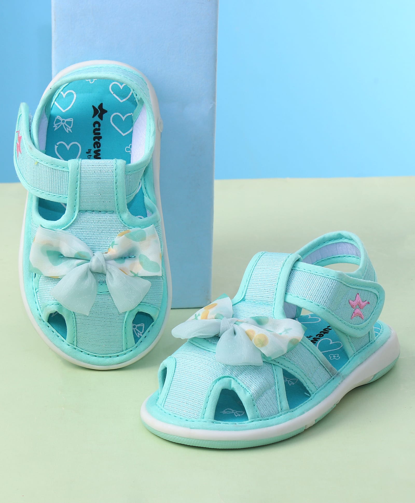 Cute Walk by Babyhug Sandals with Velcro Closure Heart Print & Bow Applique - Sea Green-image-12