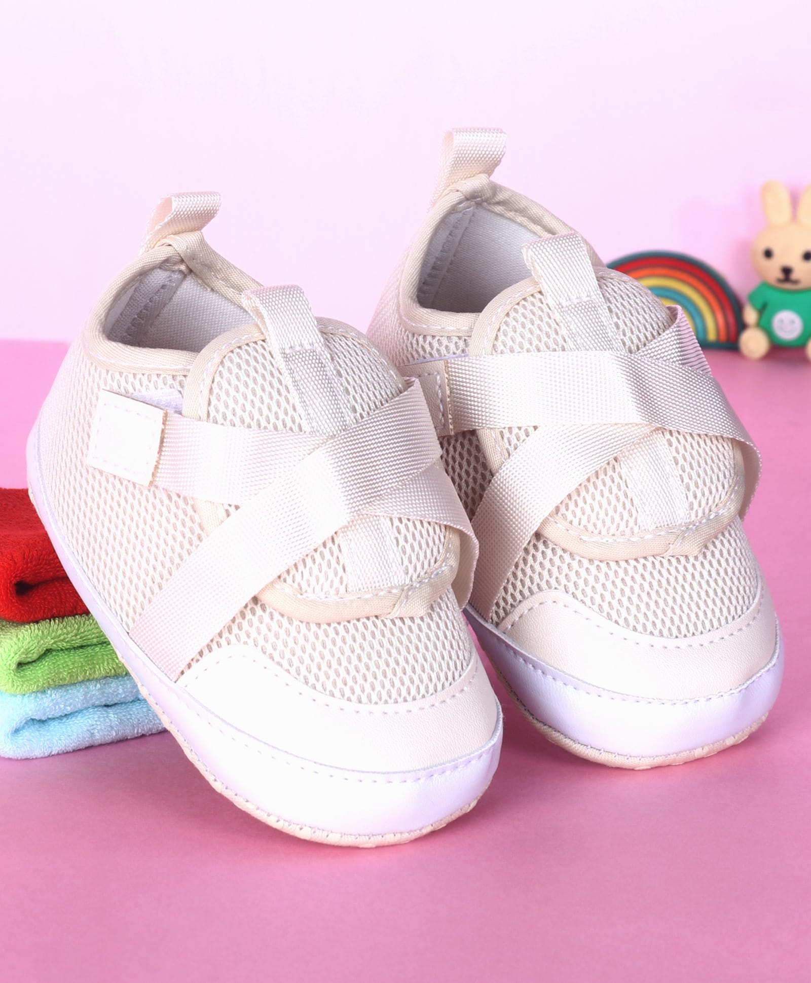 Babyoye Slip On Solid Coloured Booties With Lace Detailing - Beige-image-36