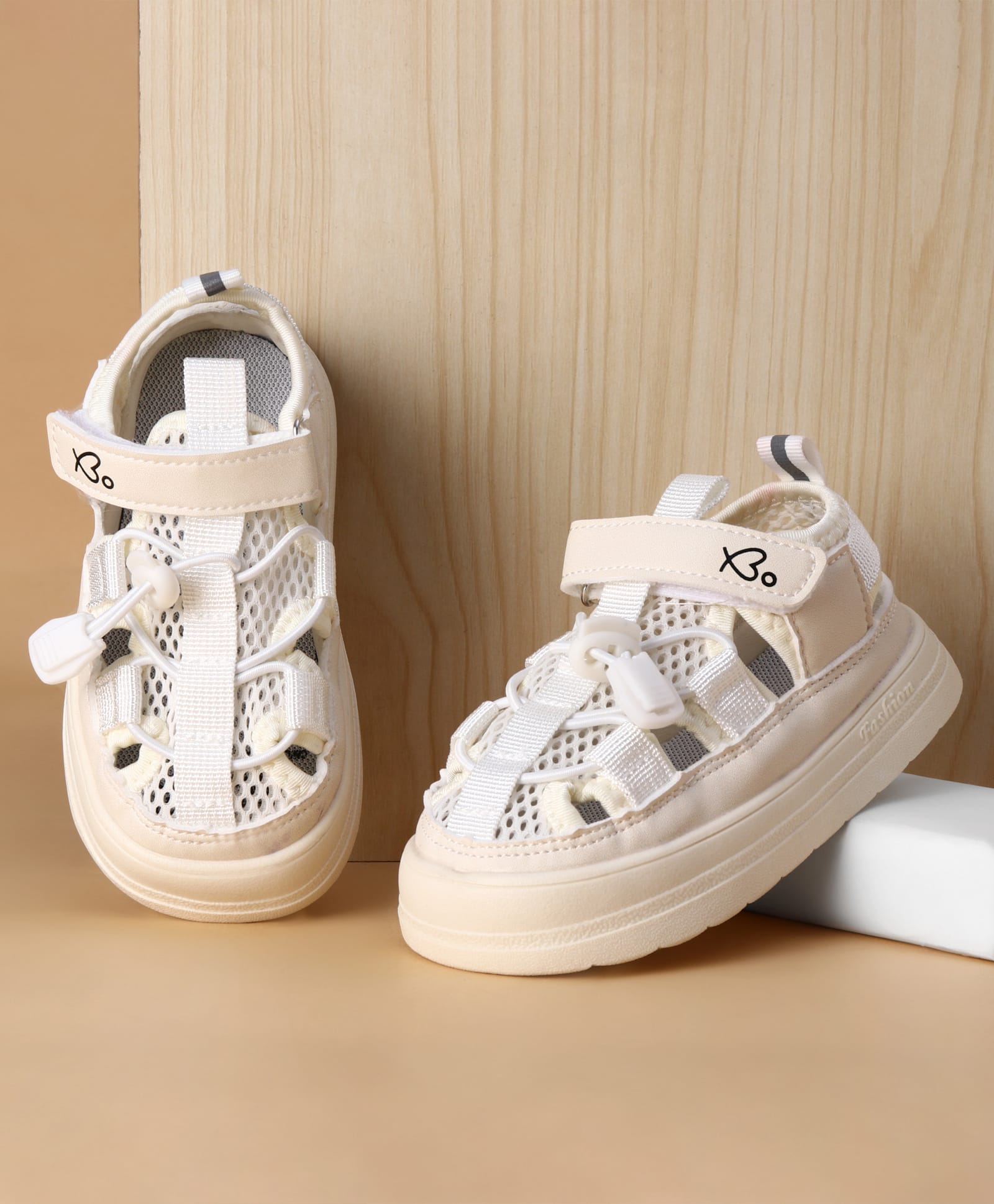 Babyoye Solid Color Velcro Closure Sandals - Beige-image-22