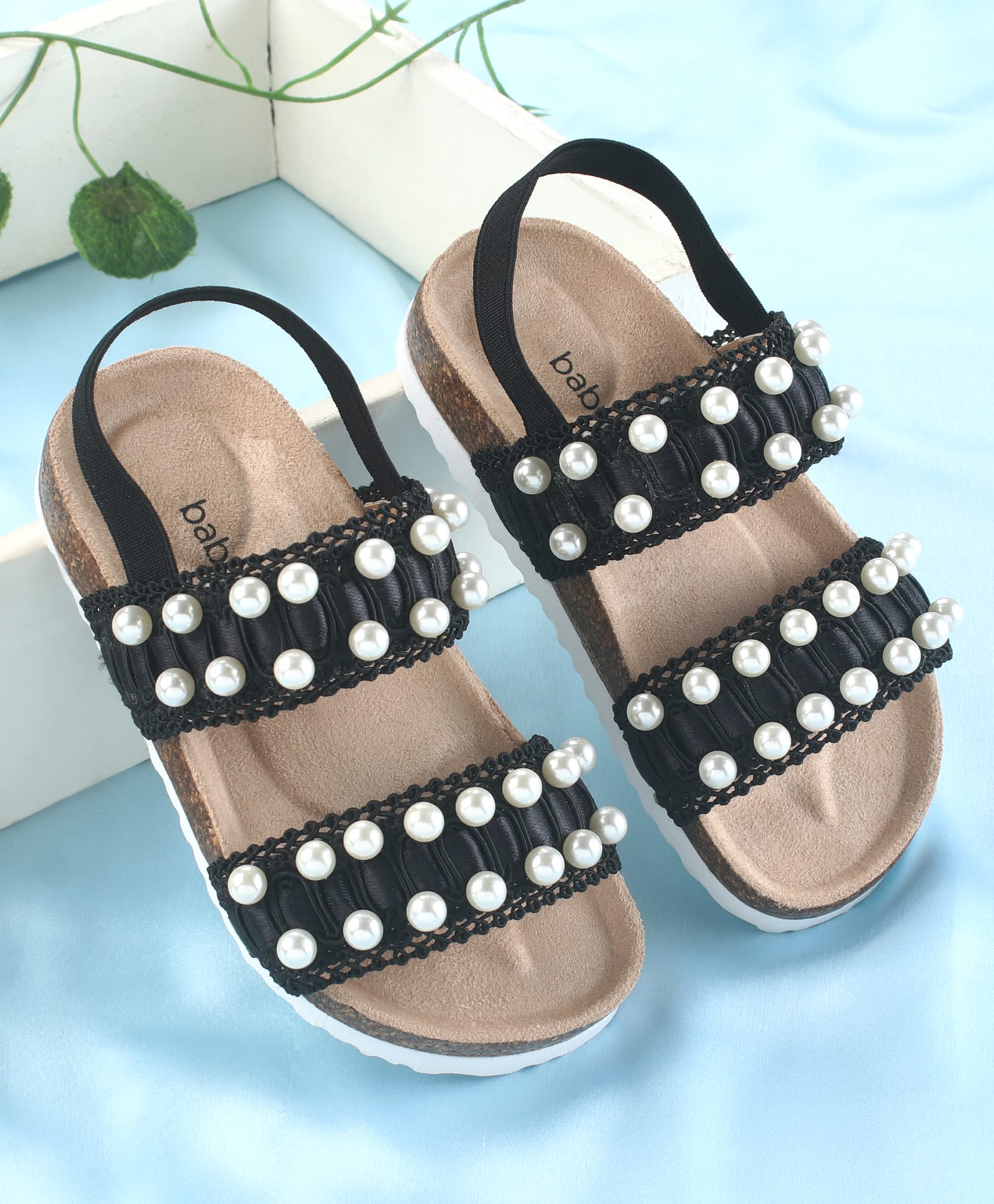 Babyoye Slip On Party Wear Sandals With Pearl Detailing - Black-picture-29