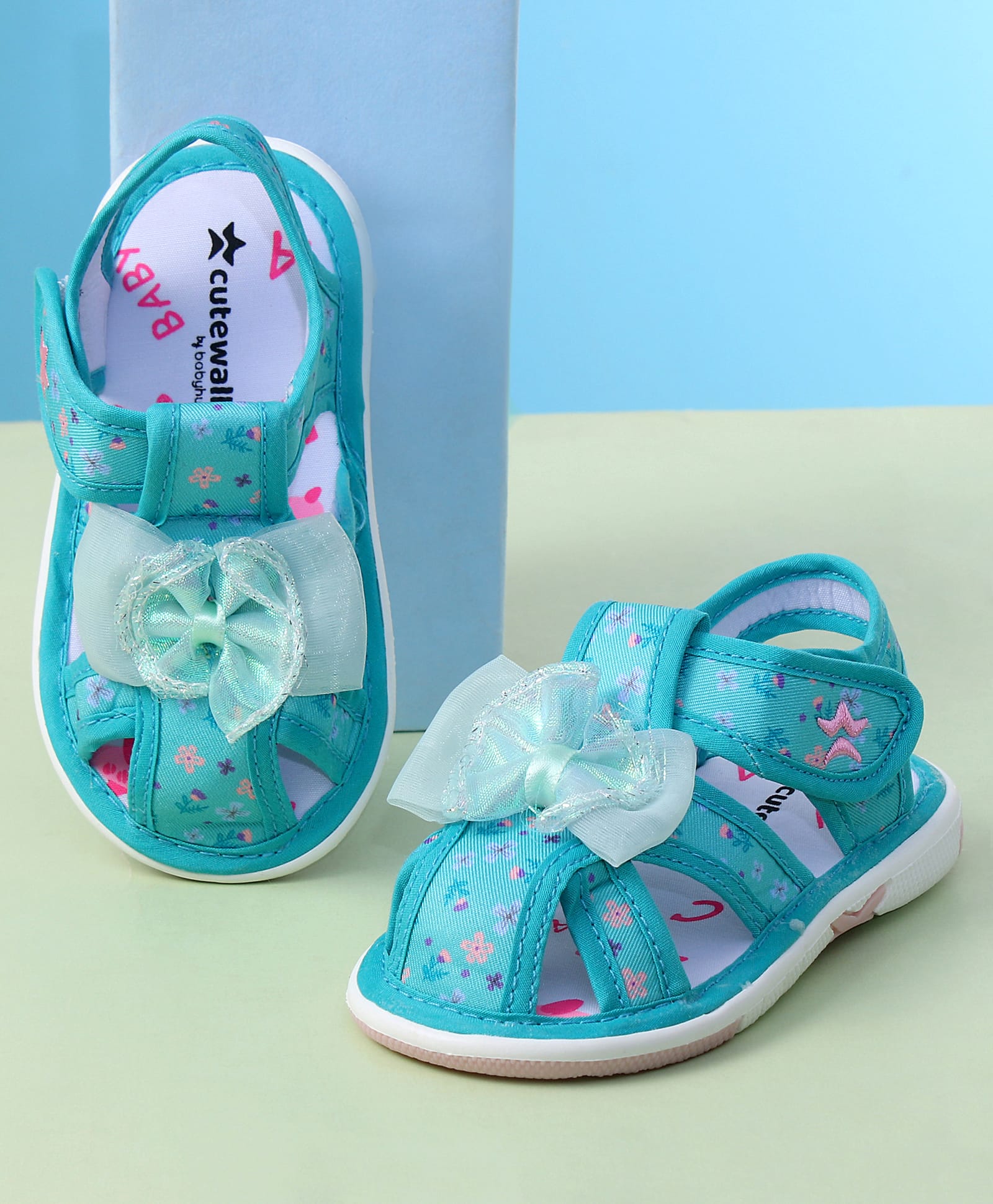 Cute Walk by Babyhug Velcro Closure Sandals With Floral Print & Applique - Turquoise-image-1